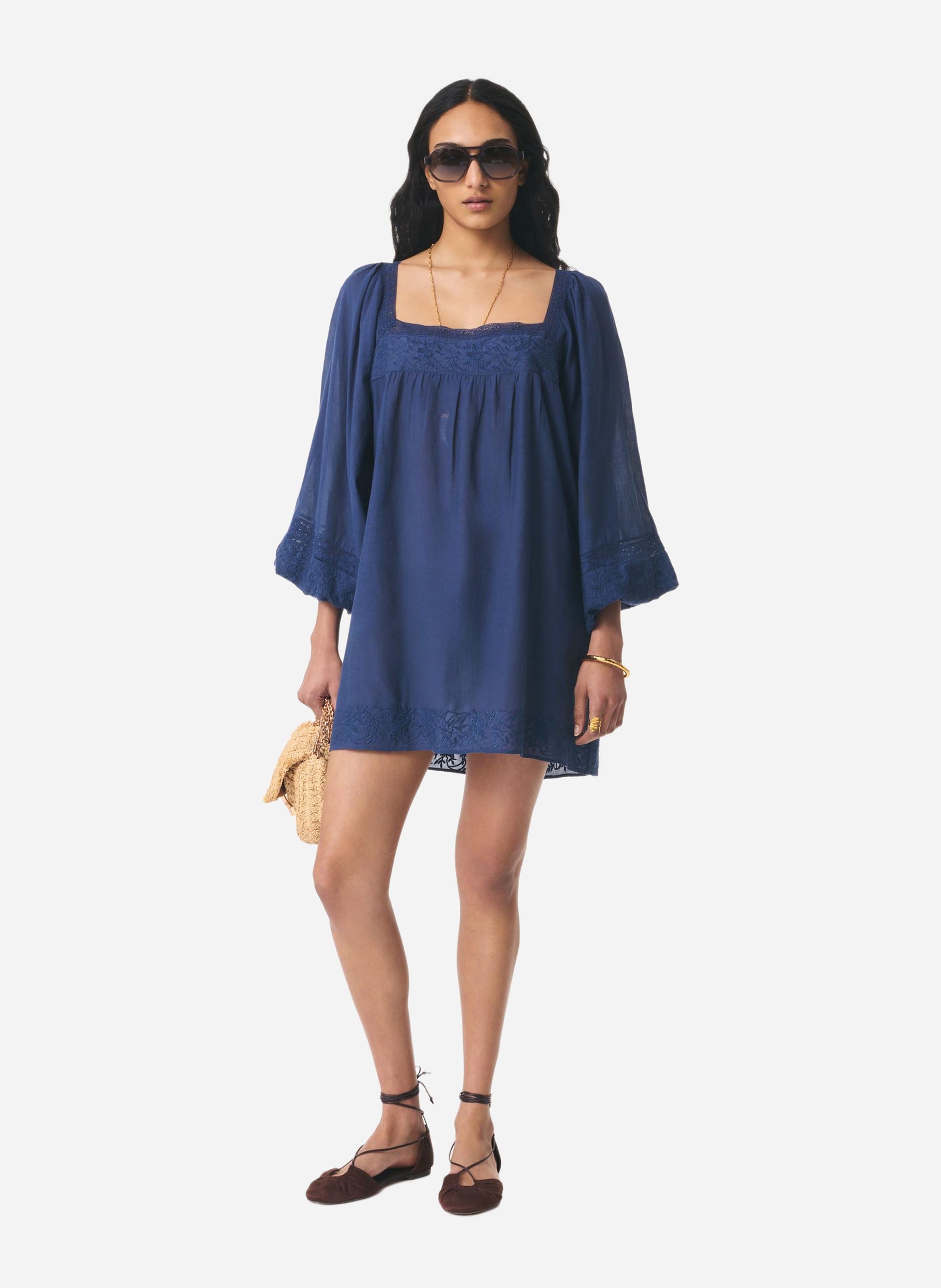Square-neck cotton-blend short dress VANESSA BRUNO Blue