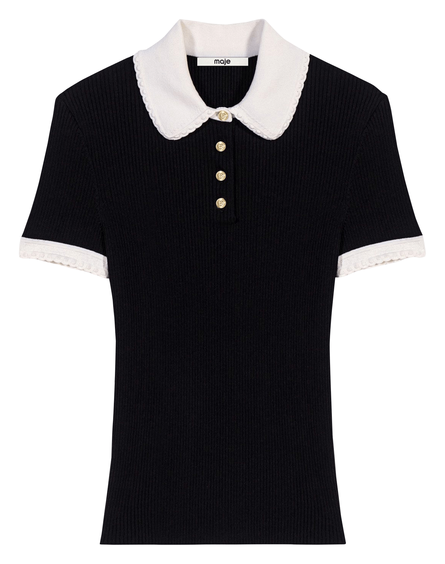 Pull ajusté côtelé effet polo MAJE Noir