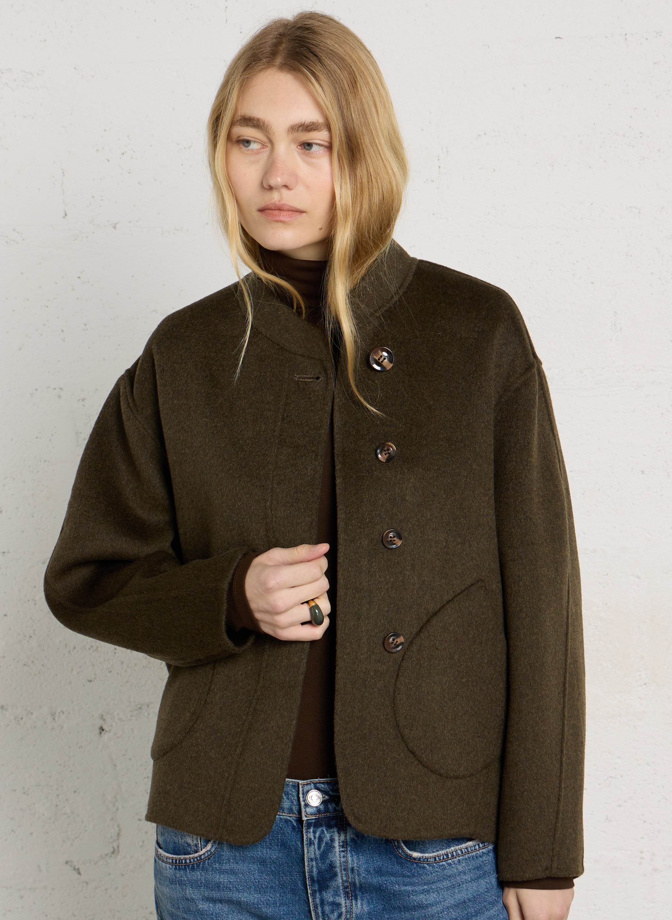 Manteau col rond en laine mélangée  SOEUR Kaki