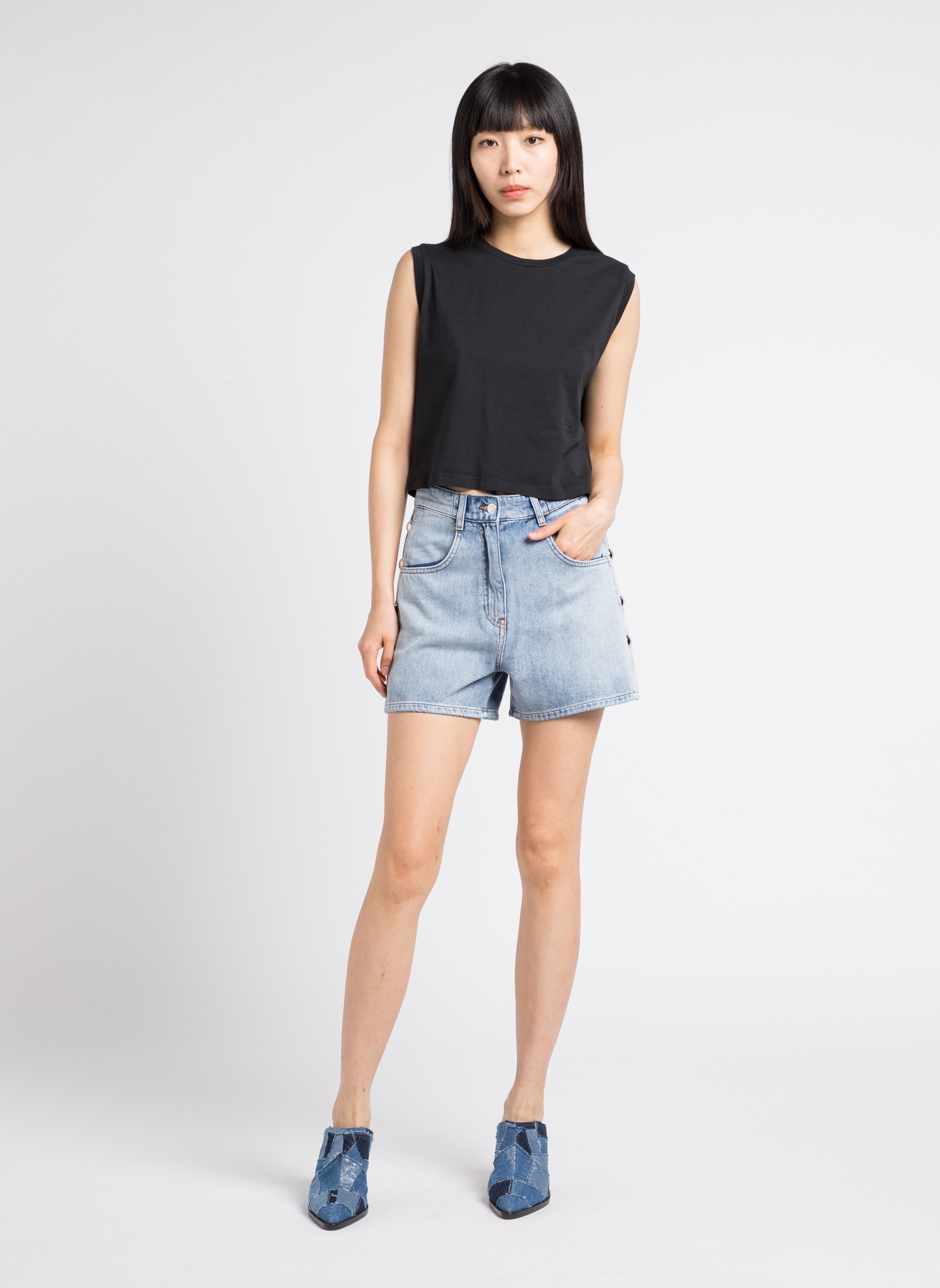Straight high-rise cotton denim shorts with studs IRO Blue
