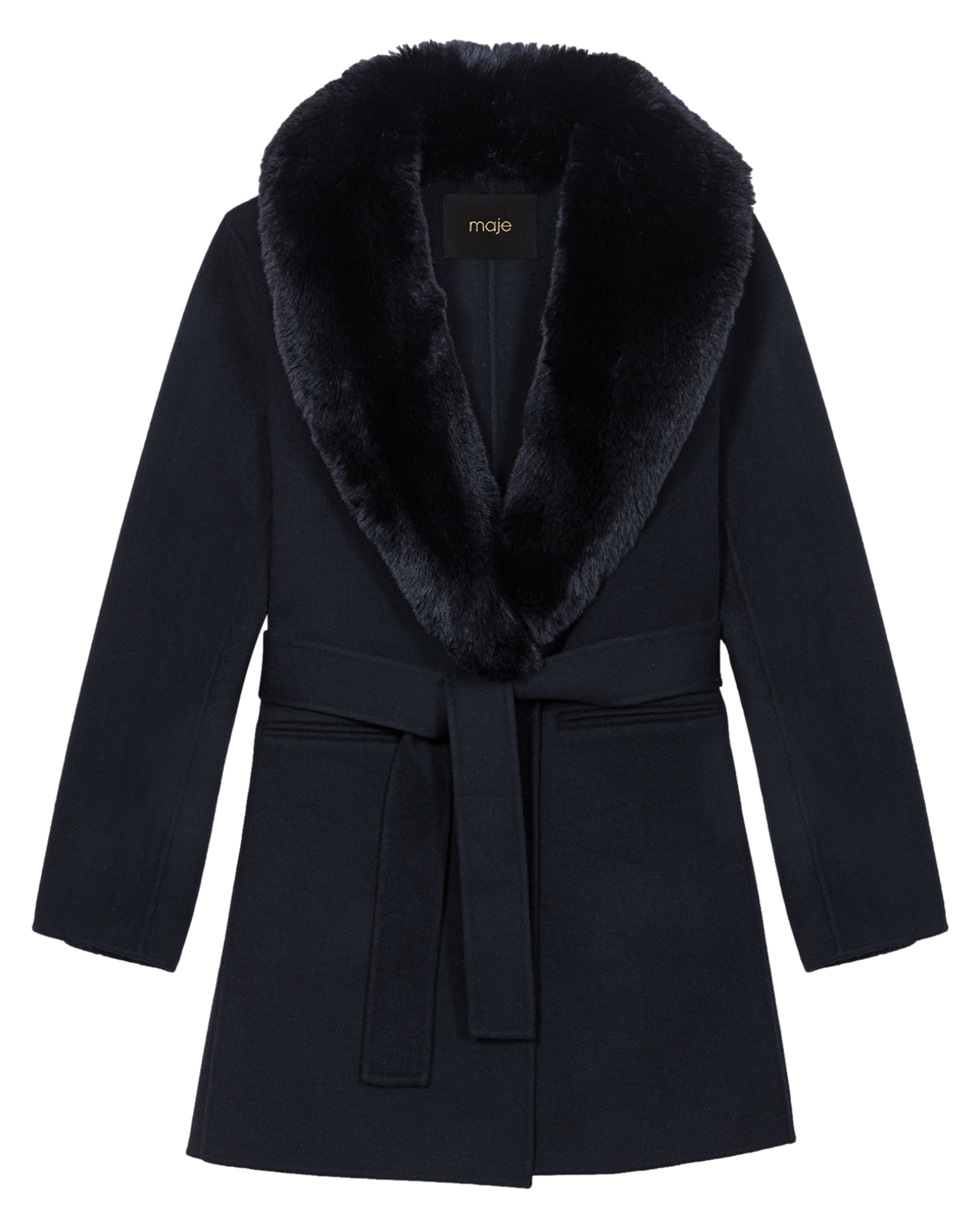 Manteau col effet fourrure en laine mélangée MAJE Noir