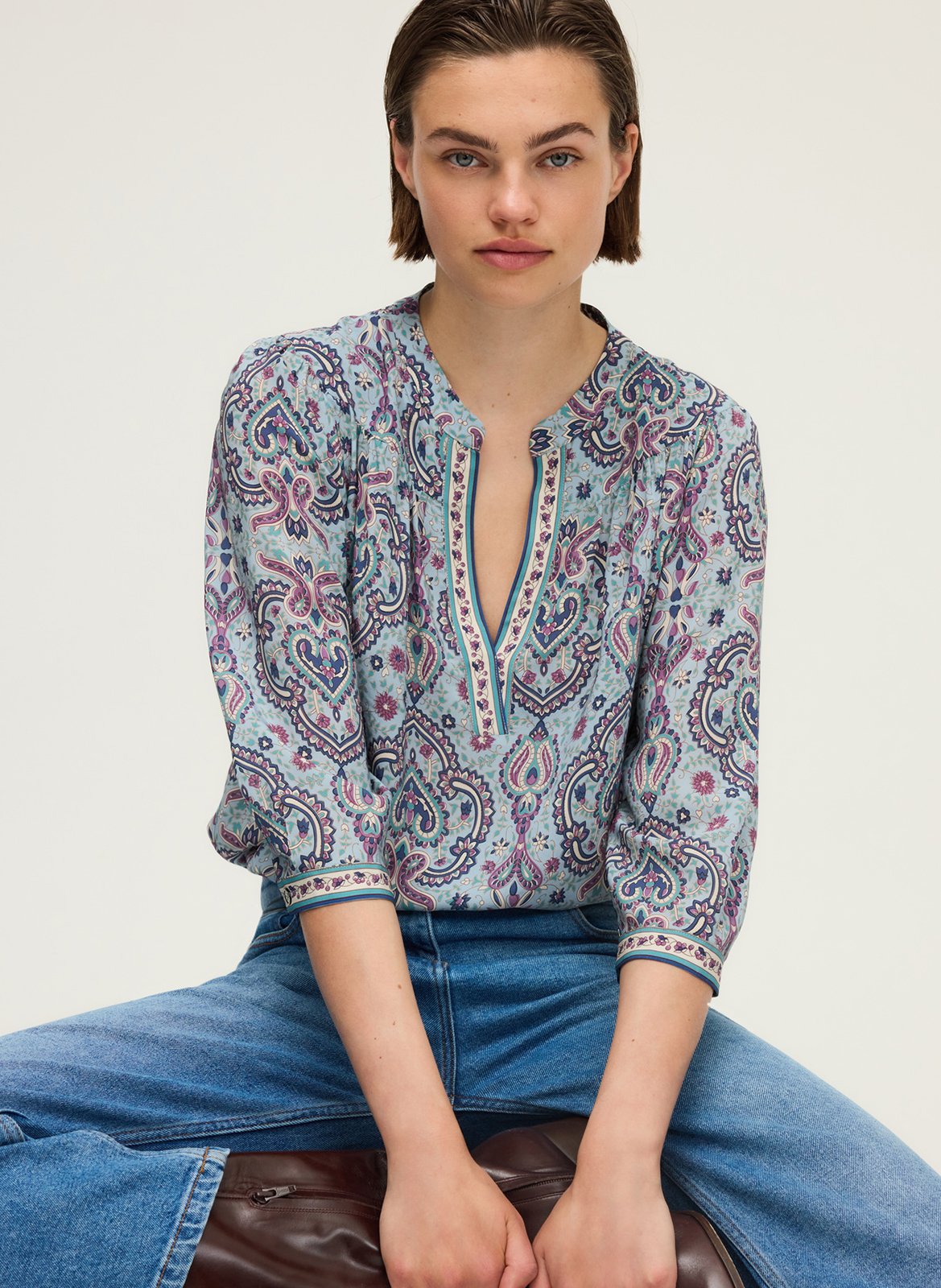 Blouse col tunisien imprimée PABLO Bleu