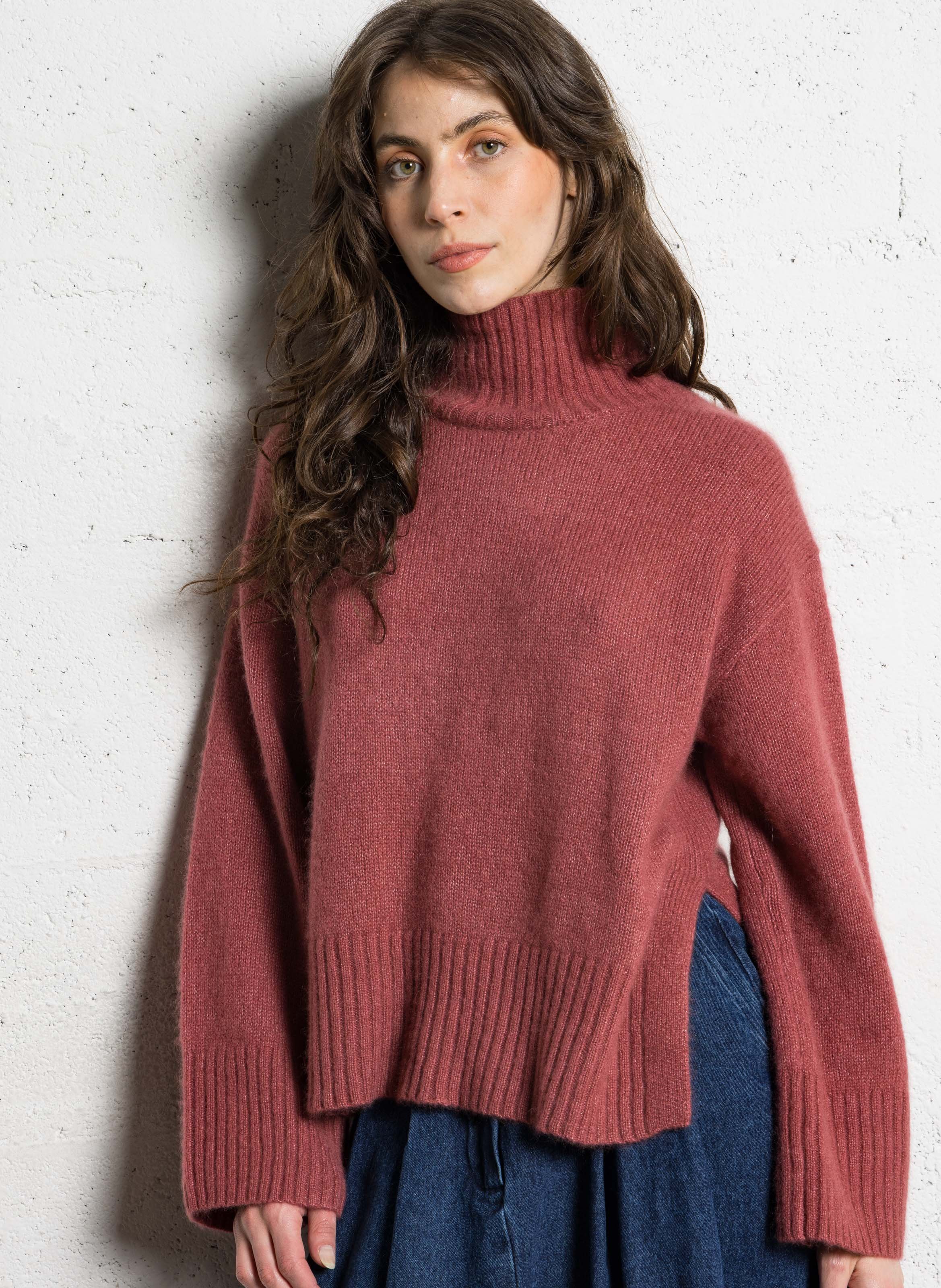 Pull ample col montant en cachemire et soie RUE DE TOKYO Rose