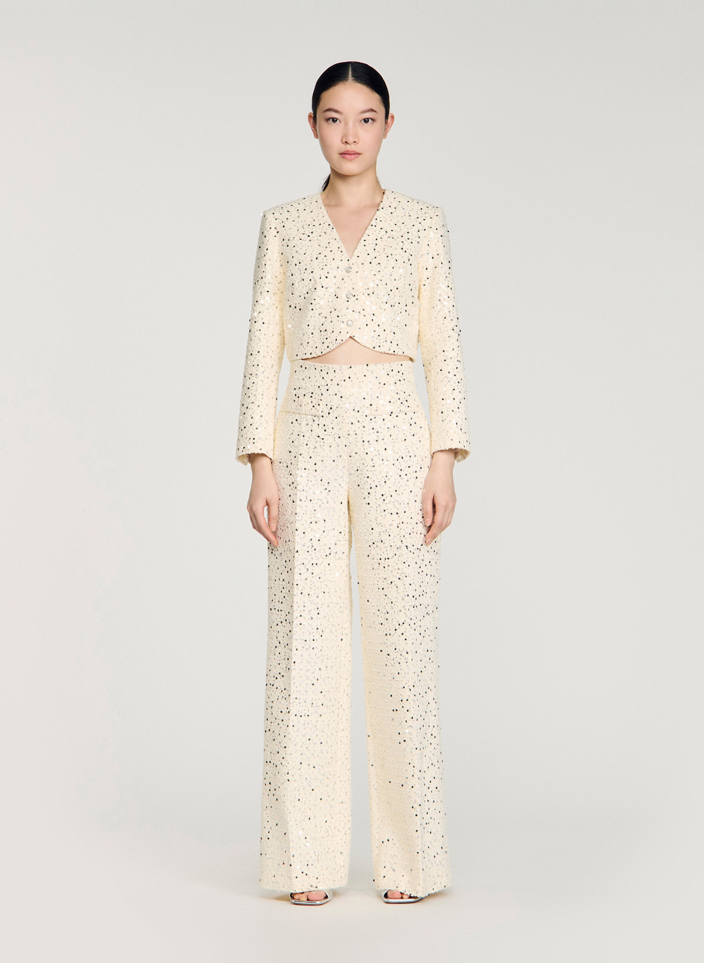 Pantalon taille haute droite à sequins SANDRO Beige