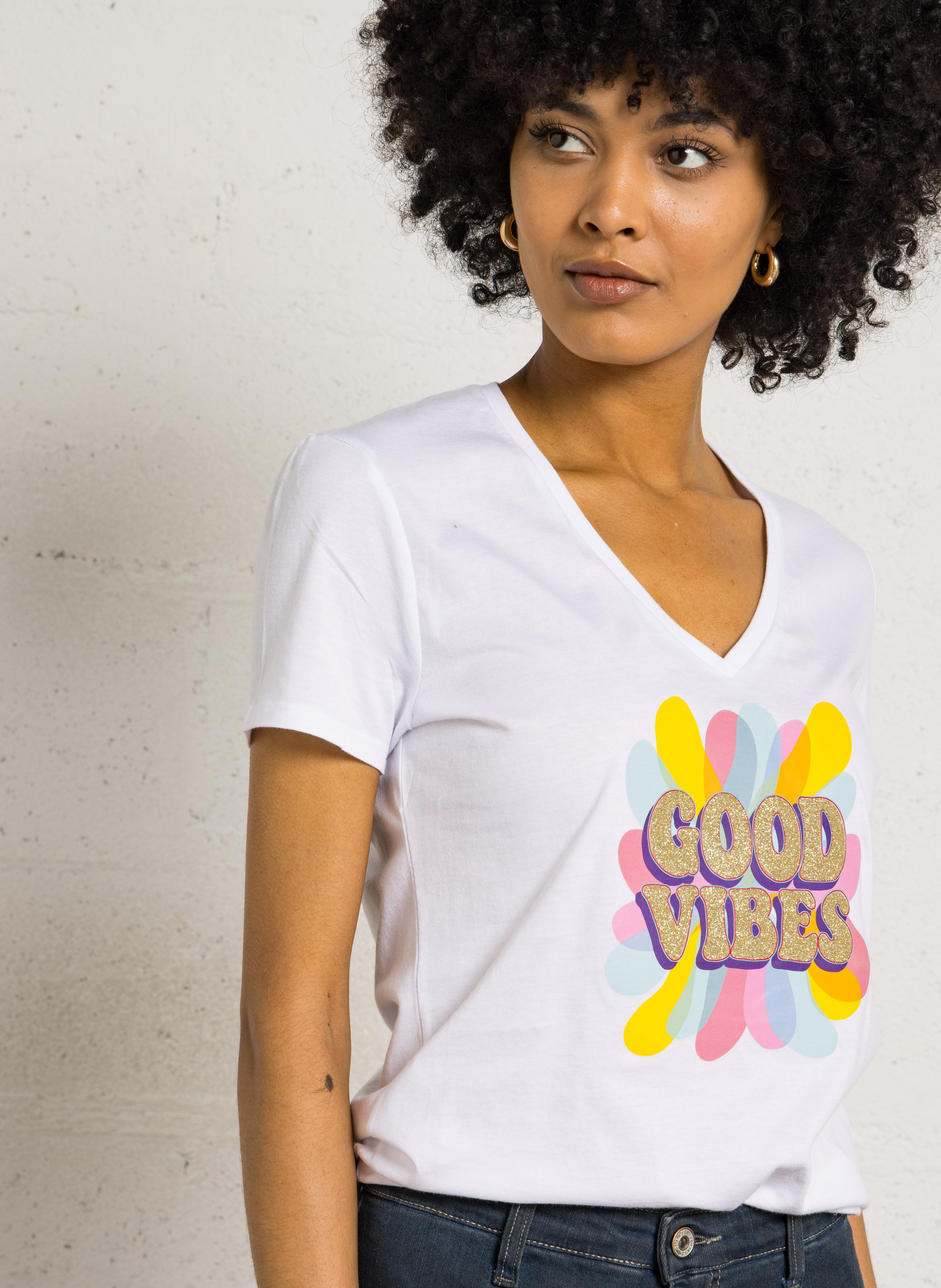 Tee-shirt droit col V en coton PLEASE Blanc