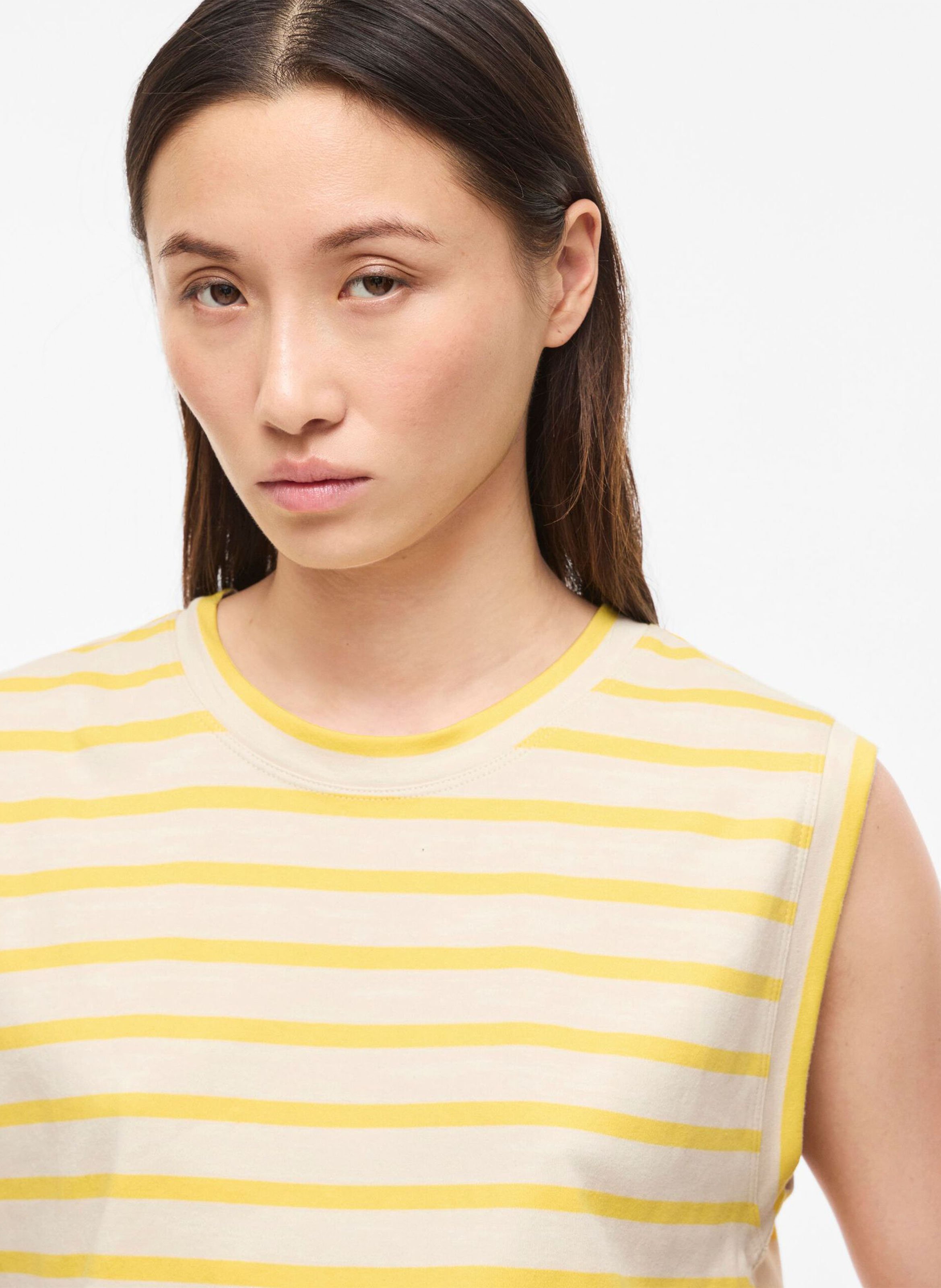 Gestreepte mouwloze biologisch katoenen T-shirt ROUGE EDIT Geel