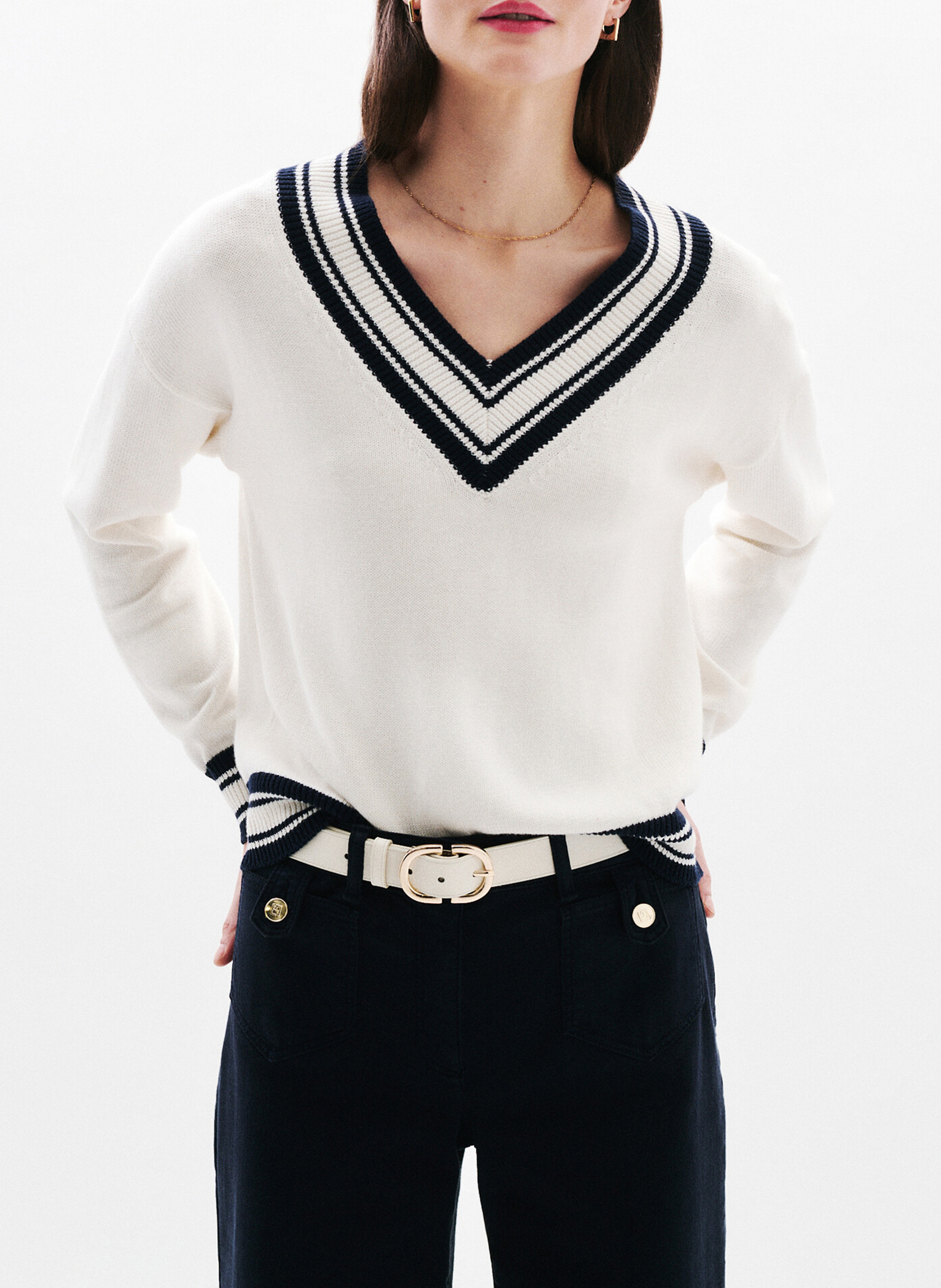 Pull droit col V en coton mélangé CAROLL Beige