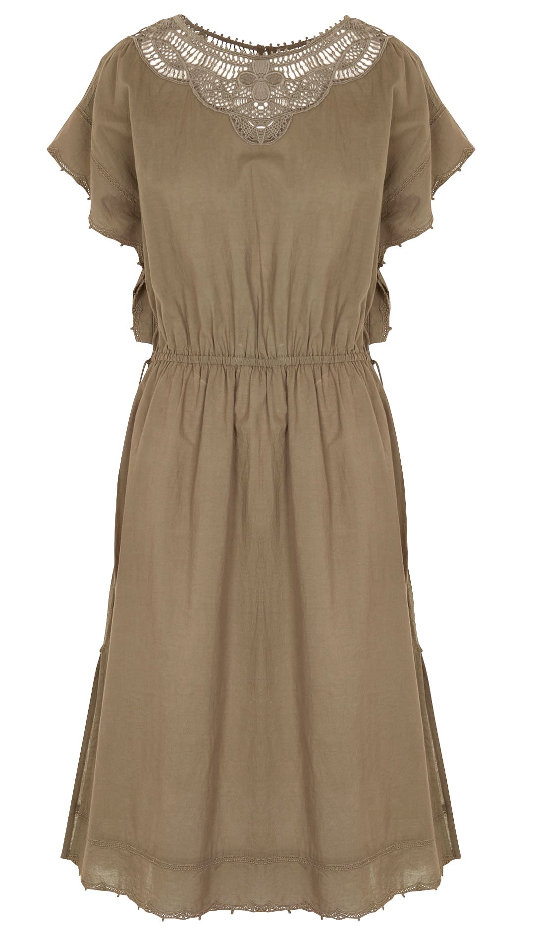 Robe midi cintrée brodée en coton SWILDENS Kaki