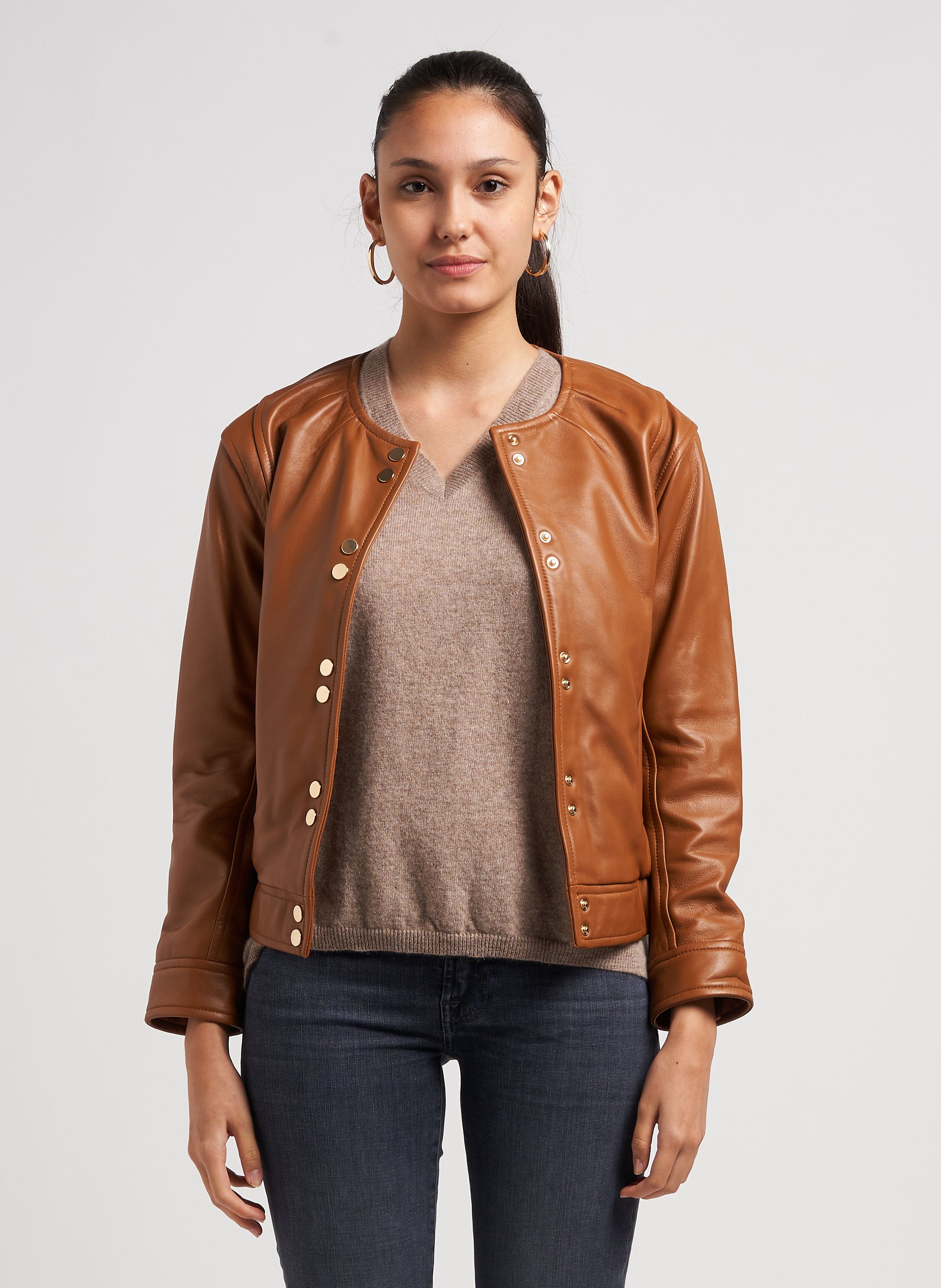 Round neck 2025 leather jacket womens