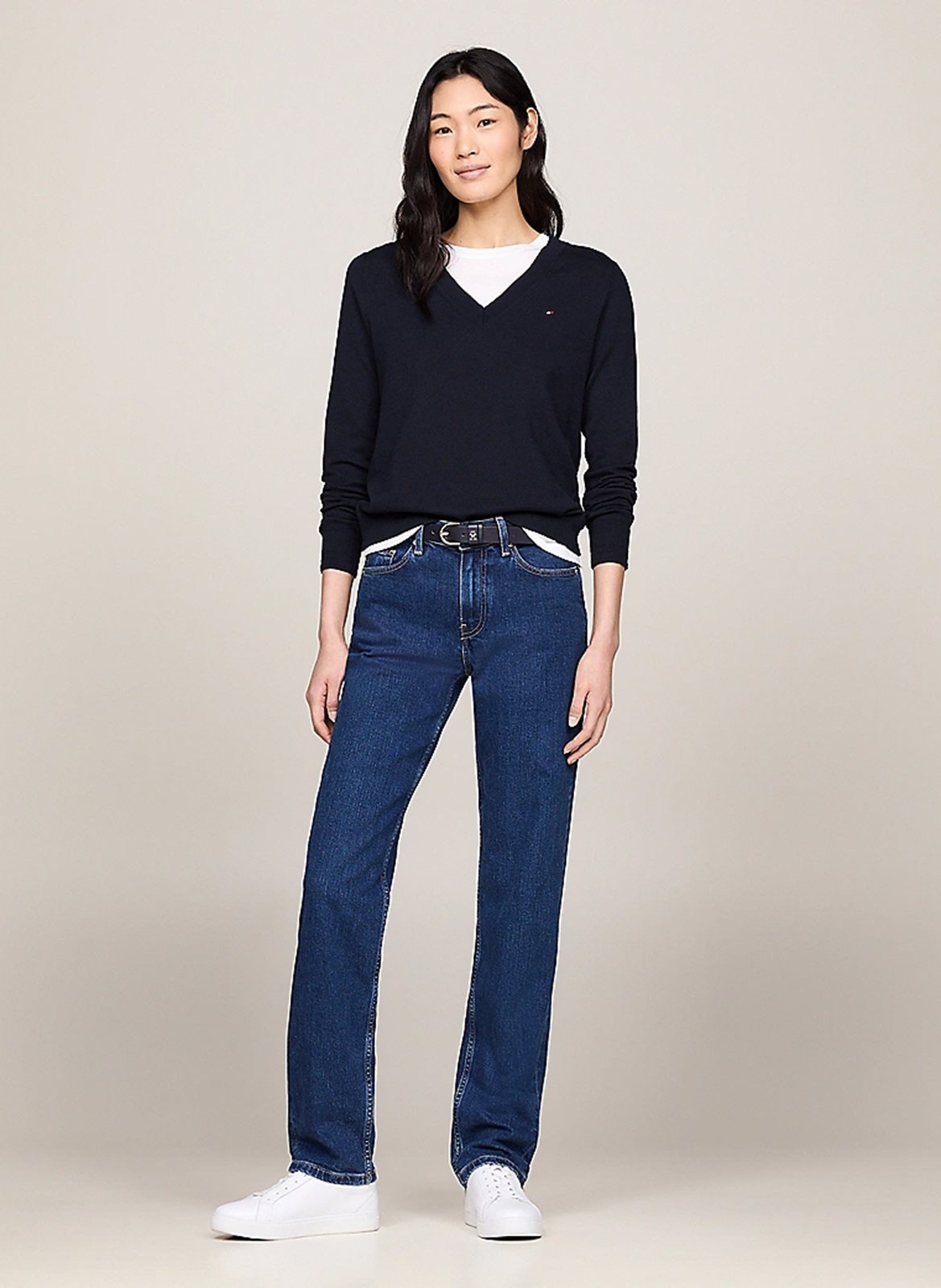 Pull col V en coton organique mélangé TOMMY HILFIGER Bleu