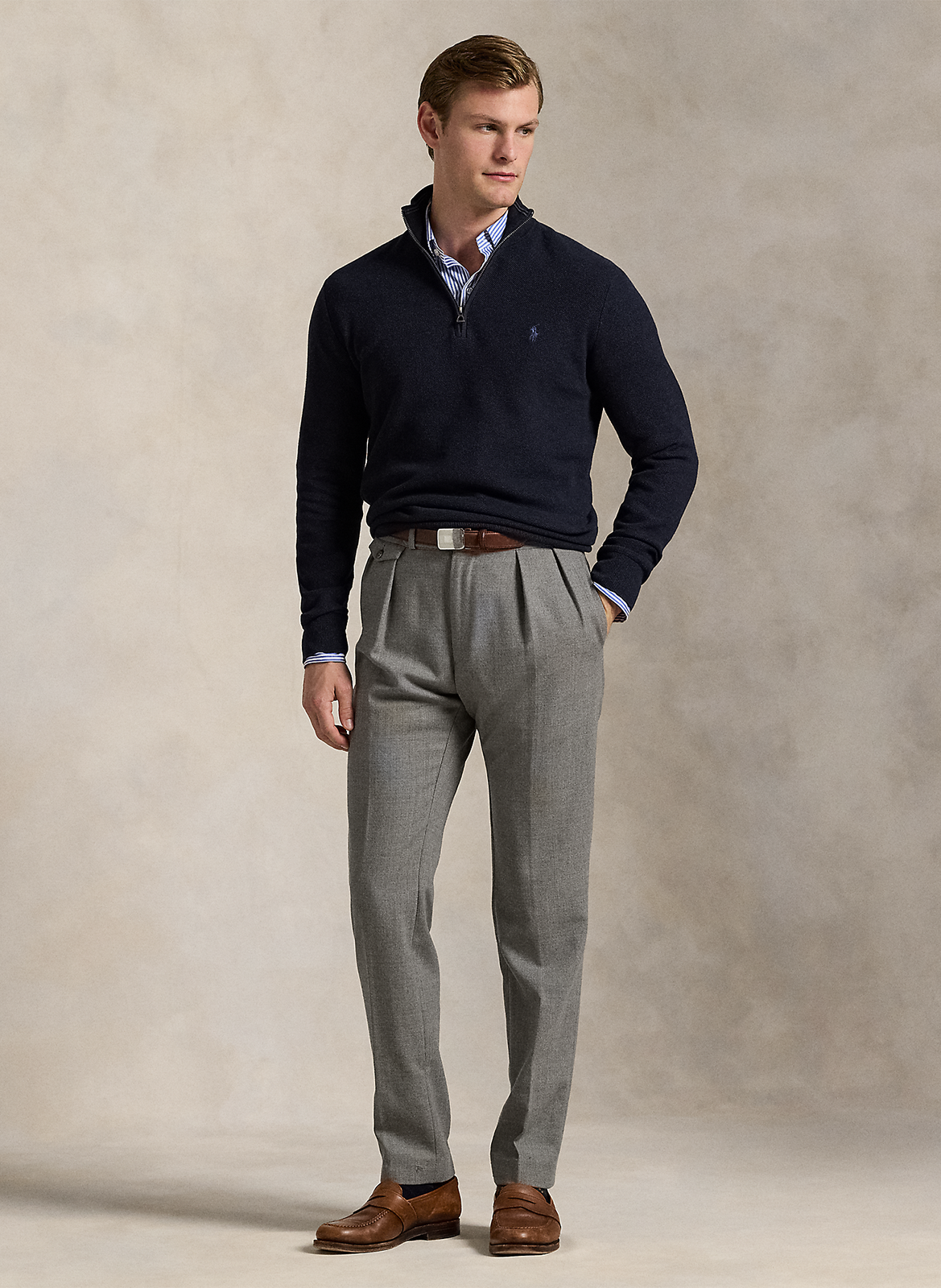 Pull col montant zippé en coton piqué POLO RALPH LAUREN Bleu