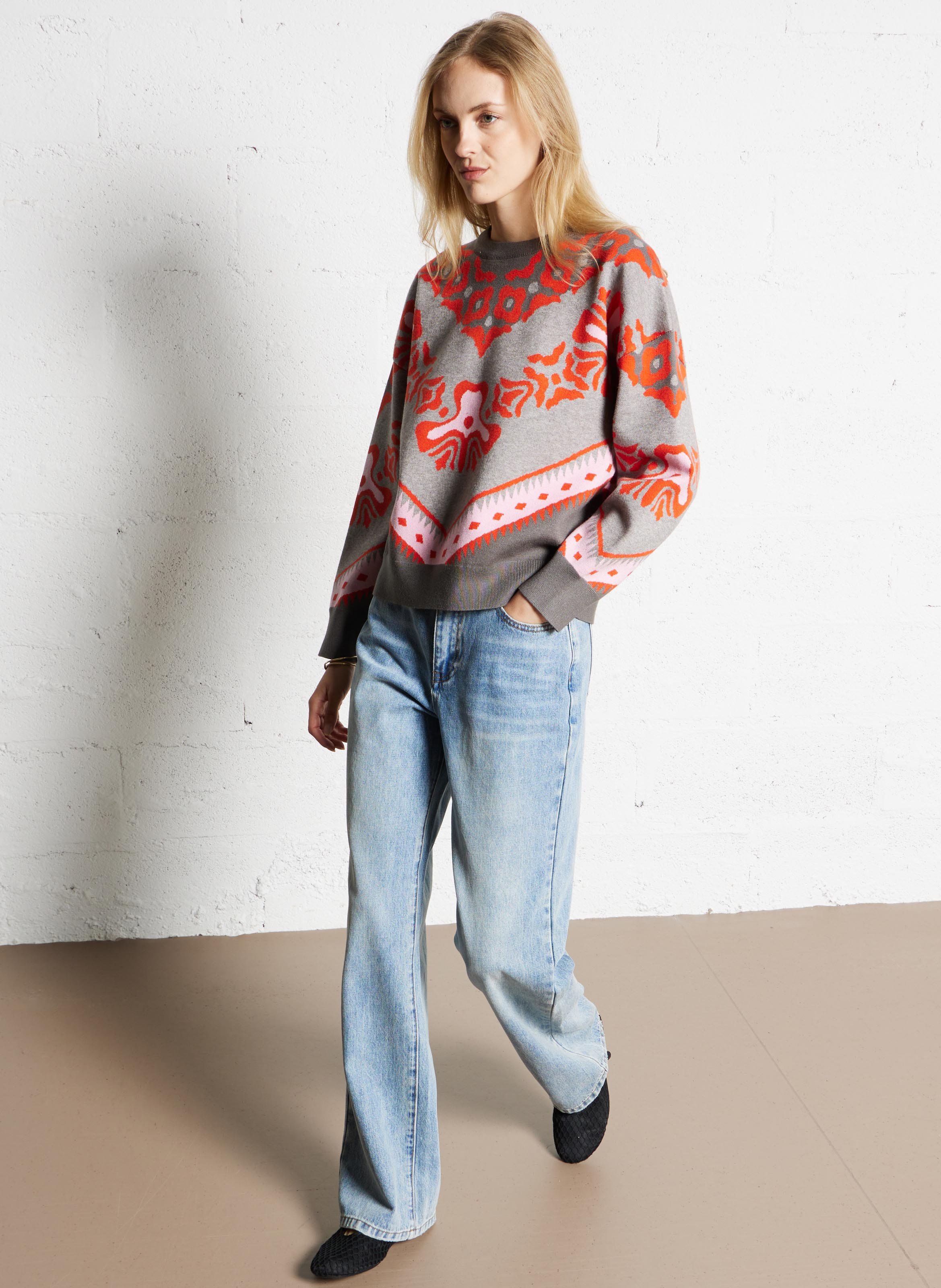 Pull ample col rond en jacquard SUNCOO Gris