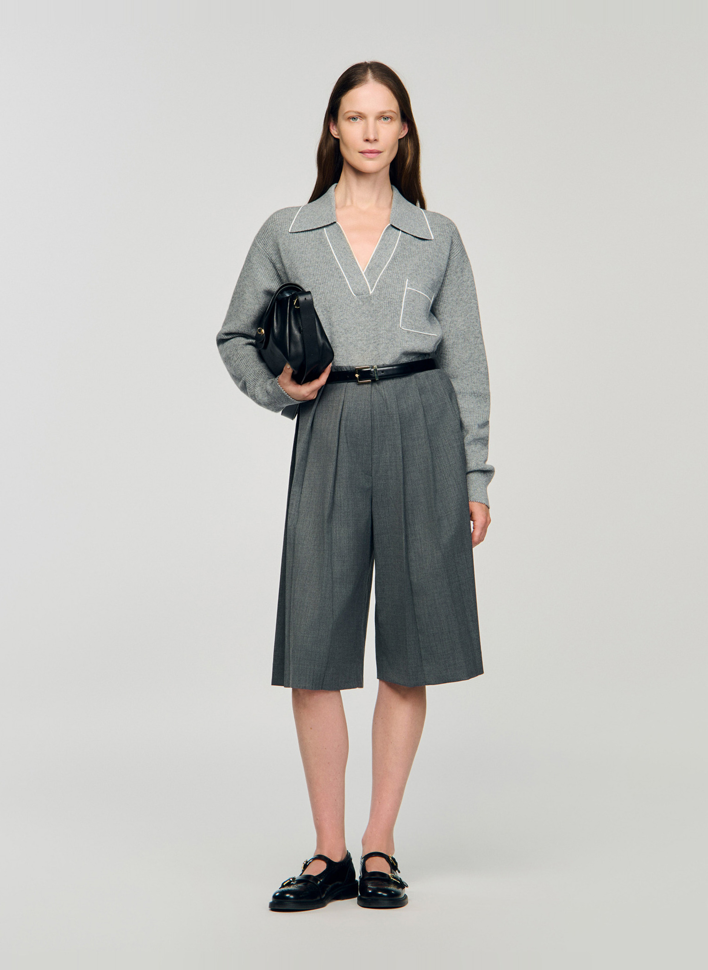 Pull col polo en laine et en cachemire mélangés SANDRO Gris