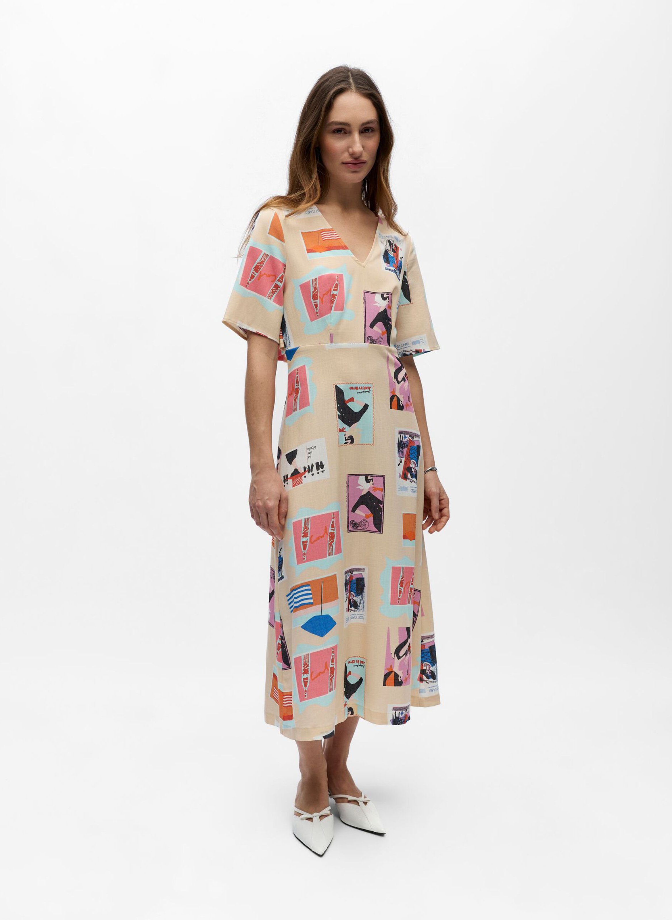 Flared printed midi dress OBJECT Beige
