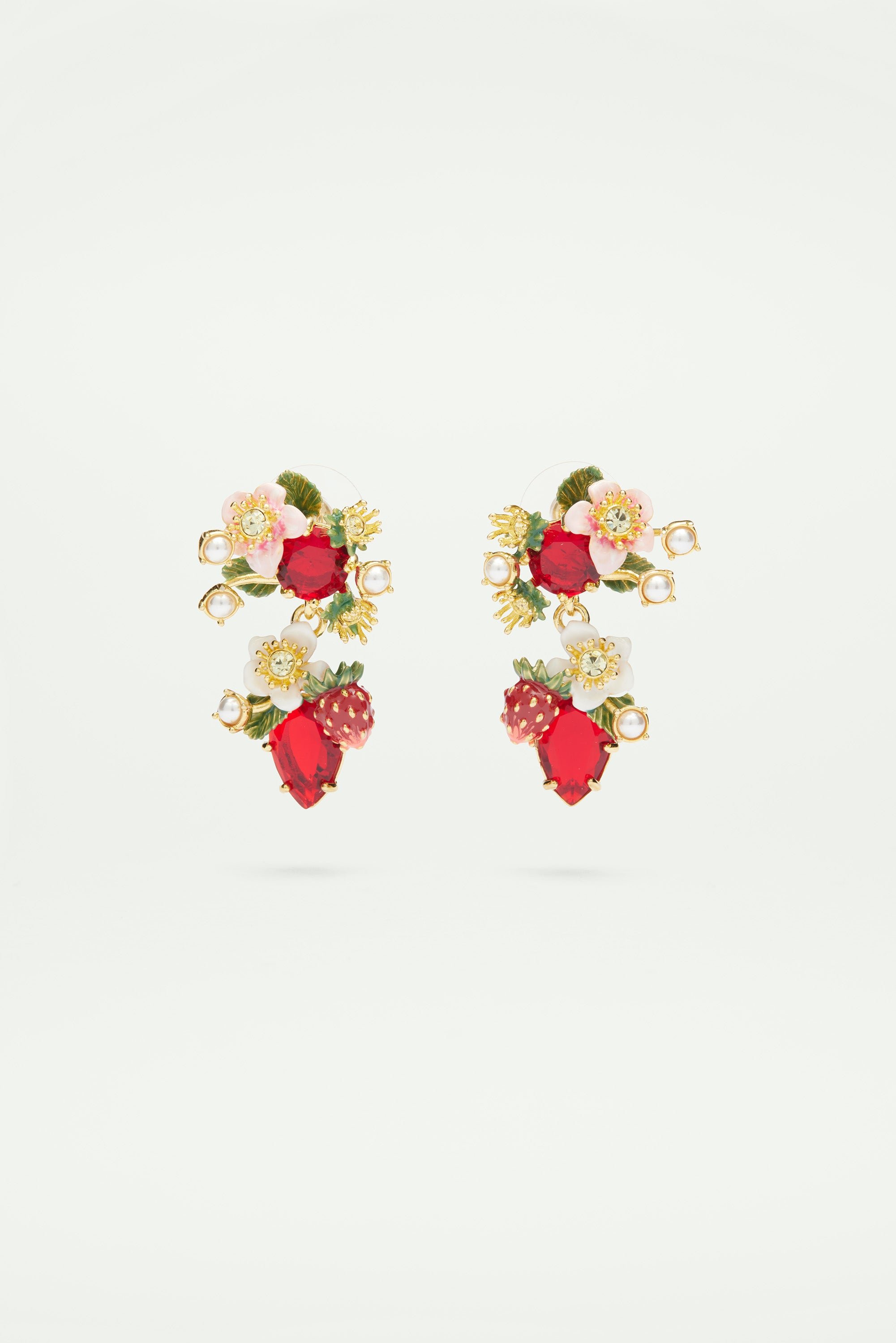 Boucles d'oreilles tiges fraises des bois et fleurs de fraisiers LES NEREIDES Multicolore