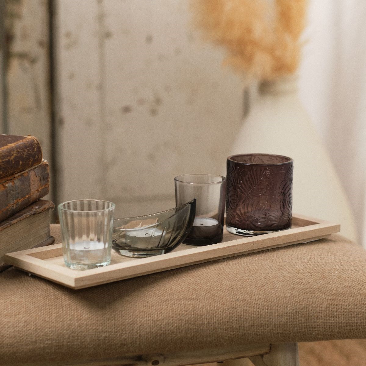 Rectangular wooden candle holder plateau FACTORY Beige