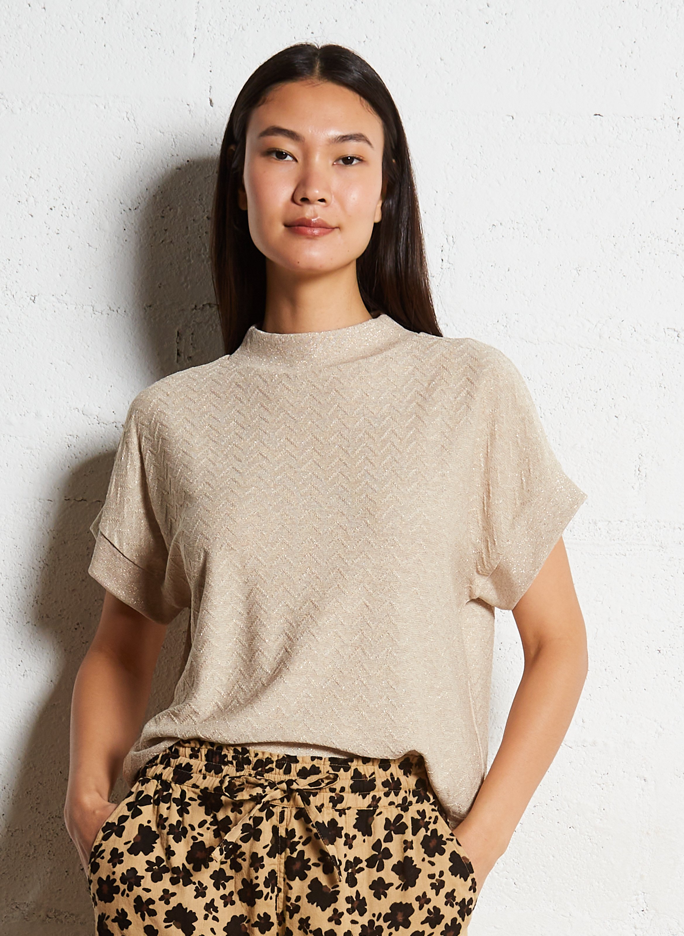 Tee-shirt droit col montant à chevrons métallisés I CODE Blanc