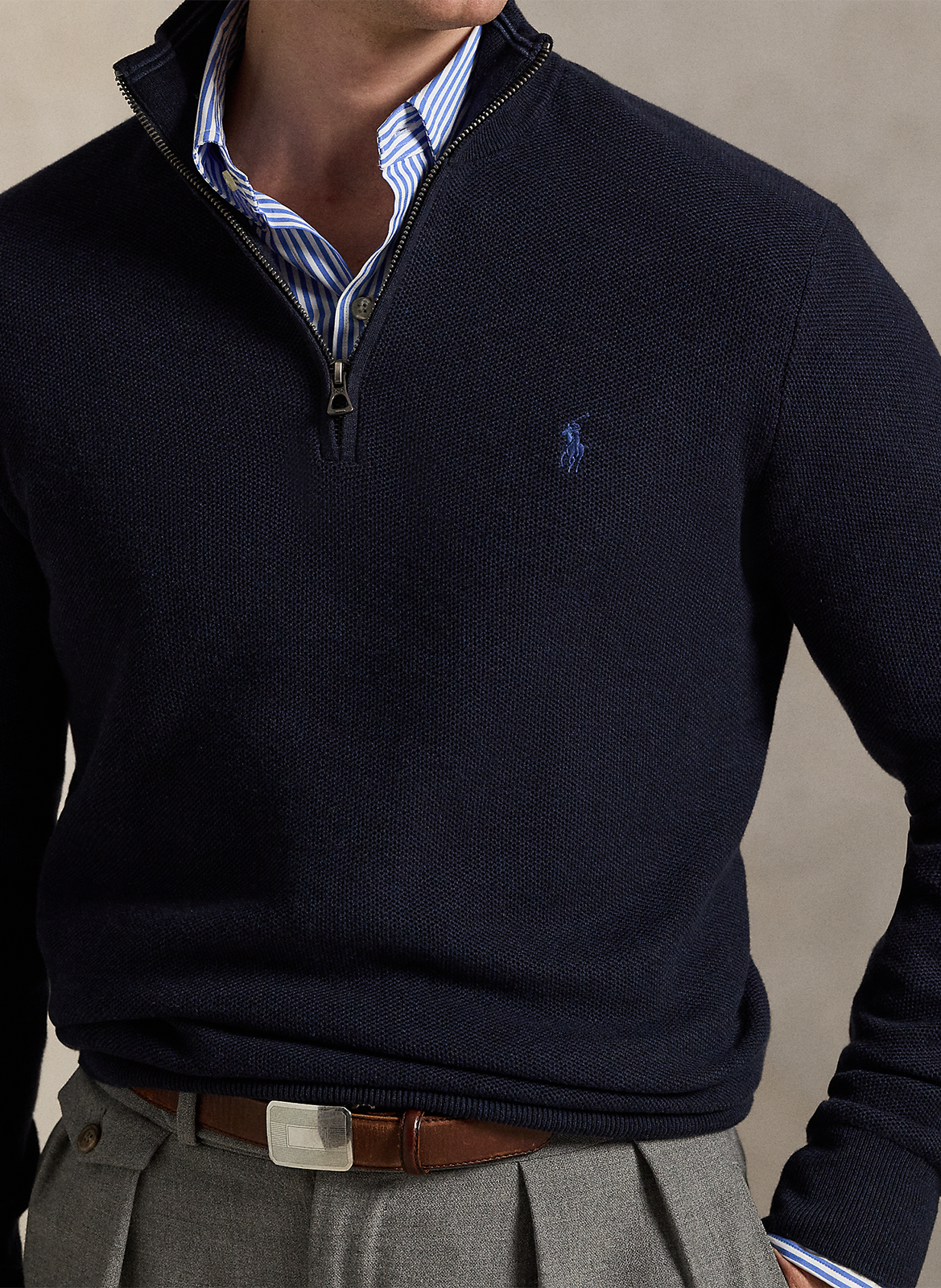 Pull col montant zippé en coton piqué POLO RALPH LAUREN Bleu