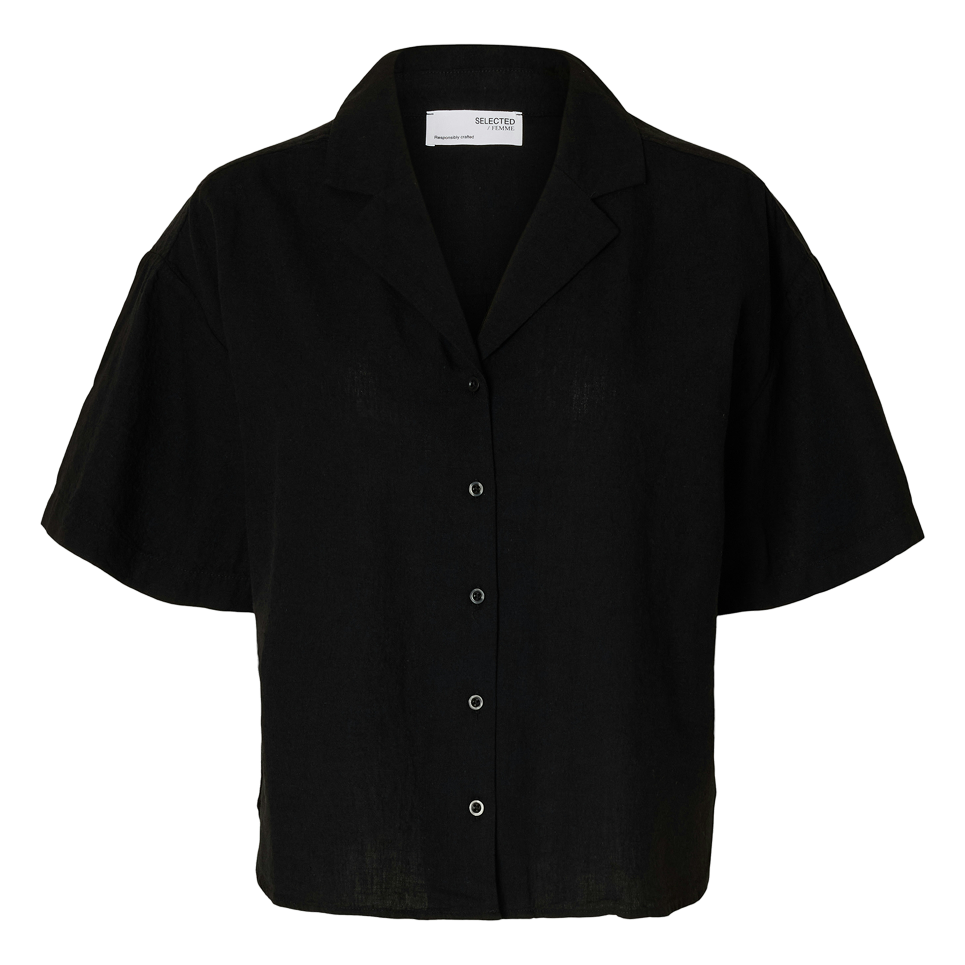 Short-sleeved shirt in organic linen and cotton SELECTED Black