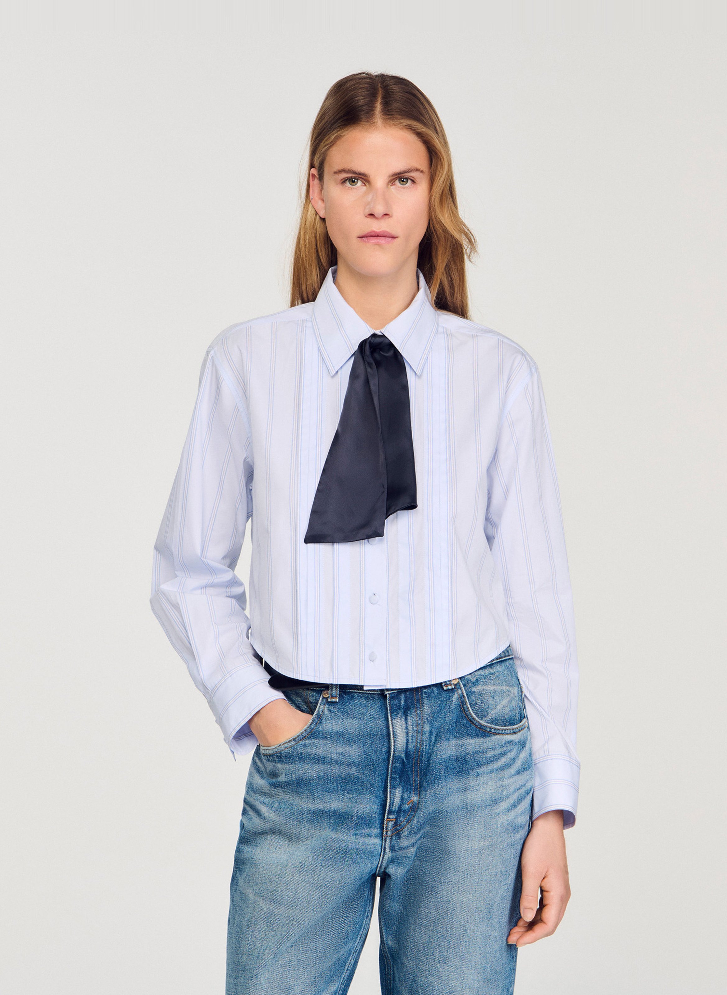 Short striped shirt with tie collar SANDRO Blue