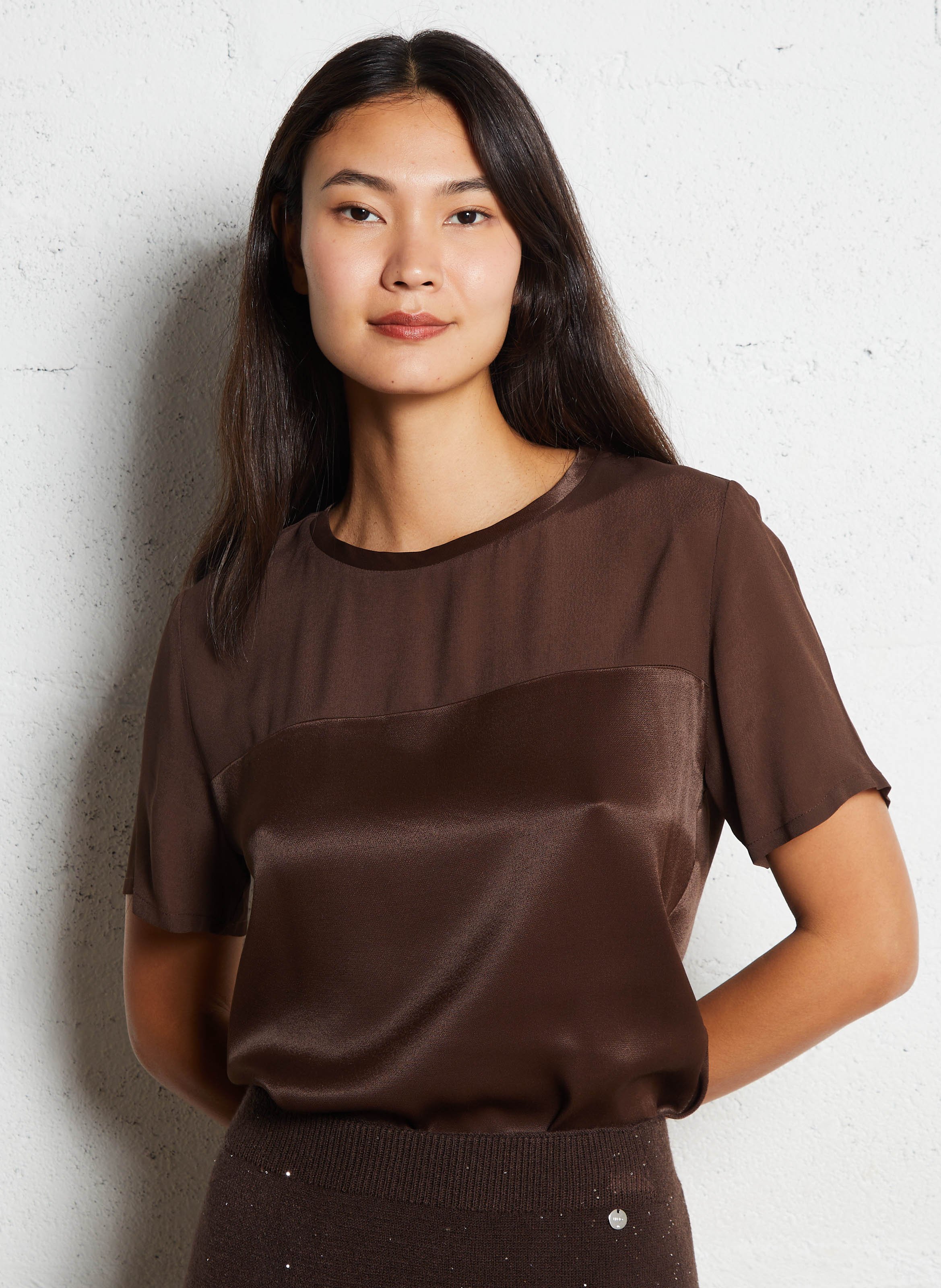 Damen T-Shirt mit kurzen Ärmeln in einfarbigem Fließgewebe LIU JO Braun