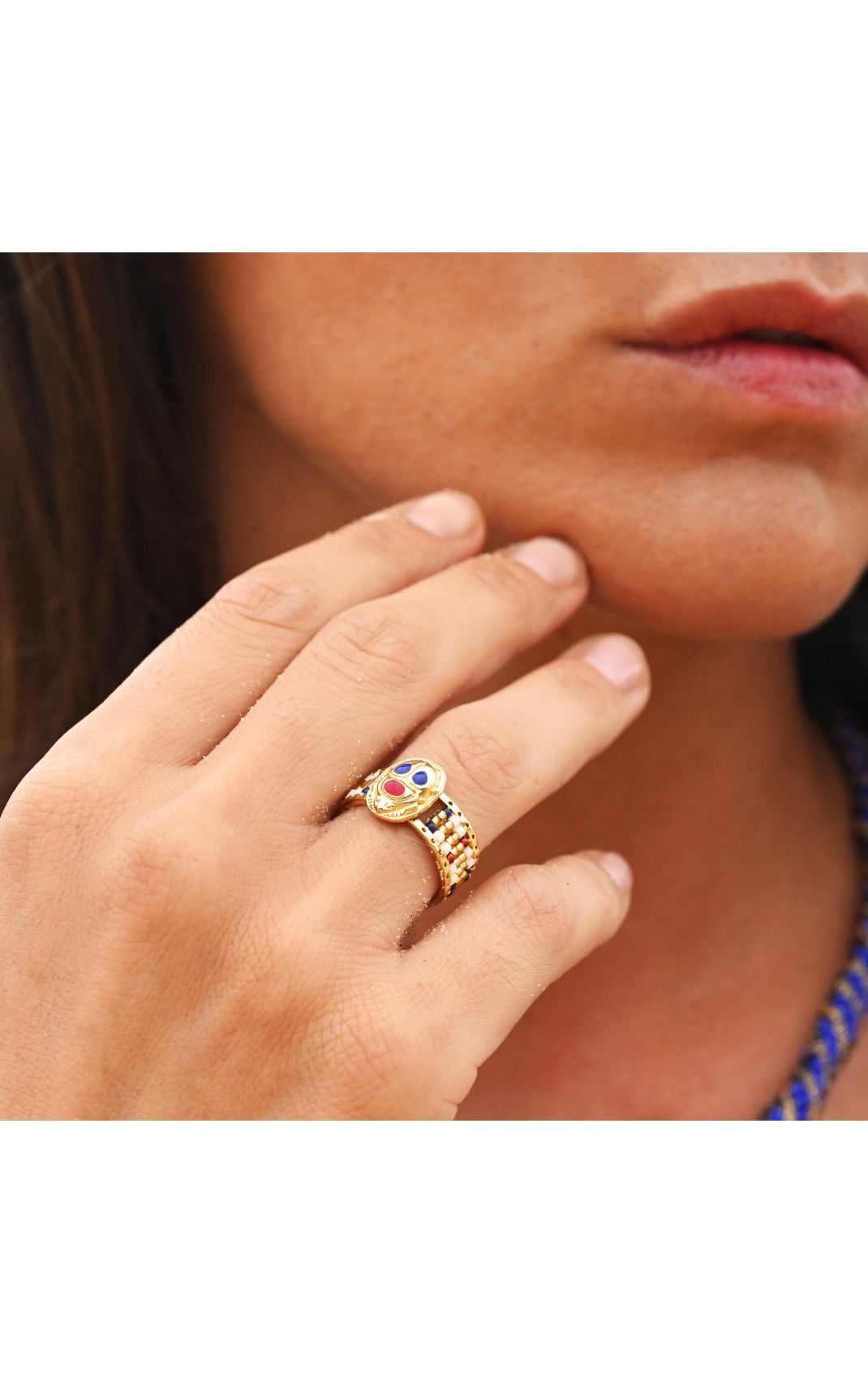 Adjustable ring with woven beads and central cabochon HIPANEMA Blue