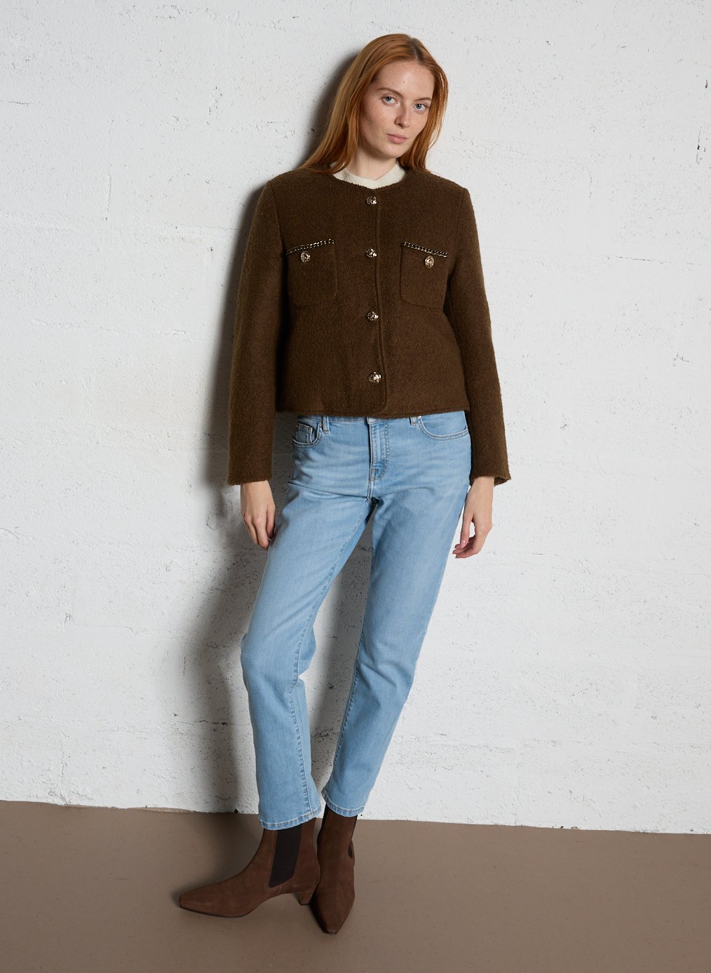 Veste en laine mélangée col rond  BERENICE Kaki