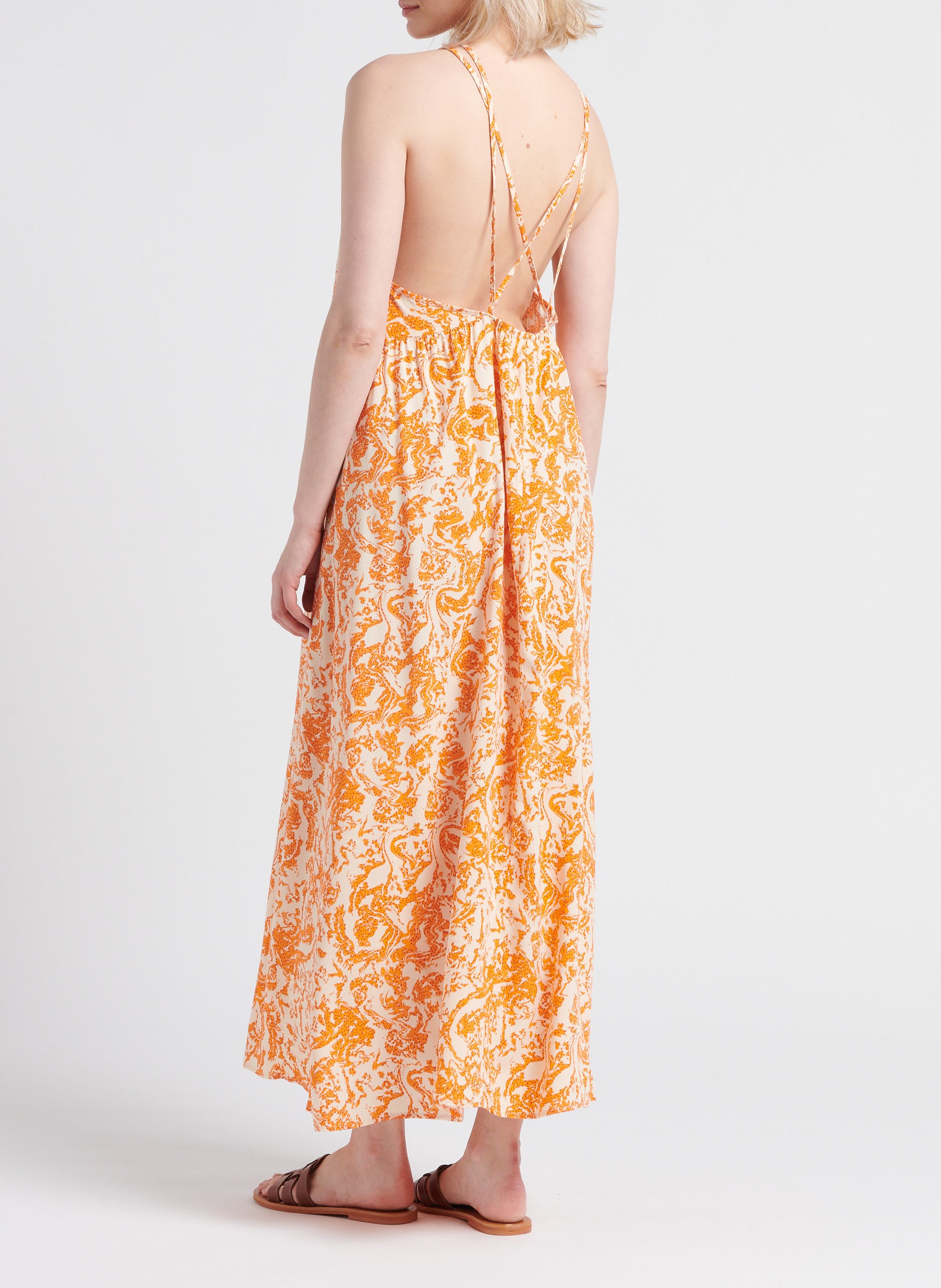 Lange jurk met vierkante hals en print OBJECT Oranje