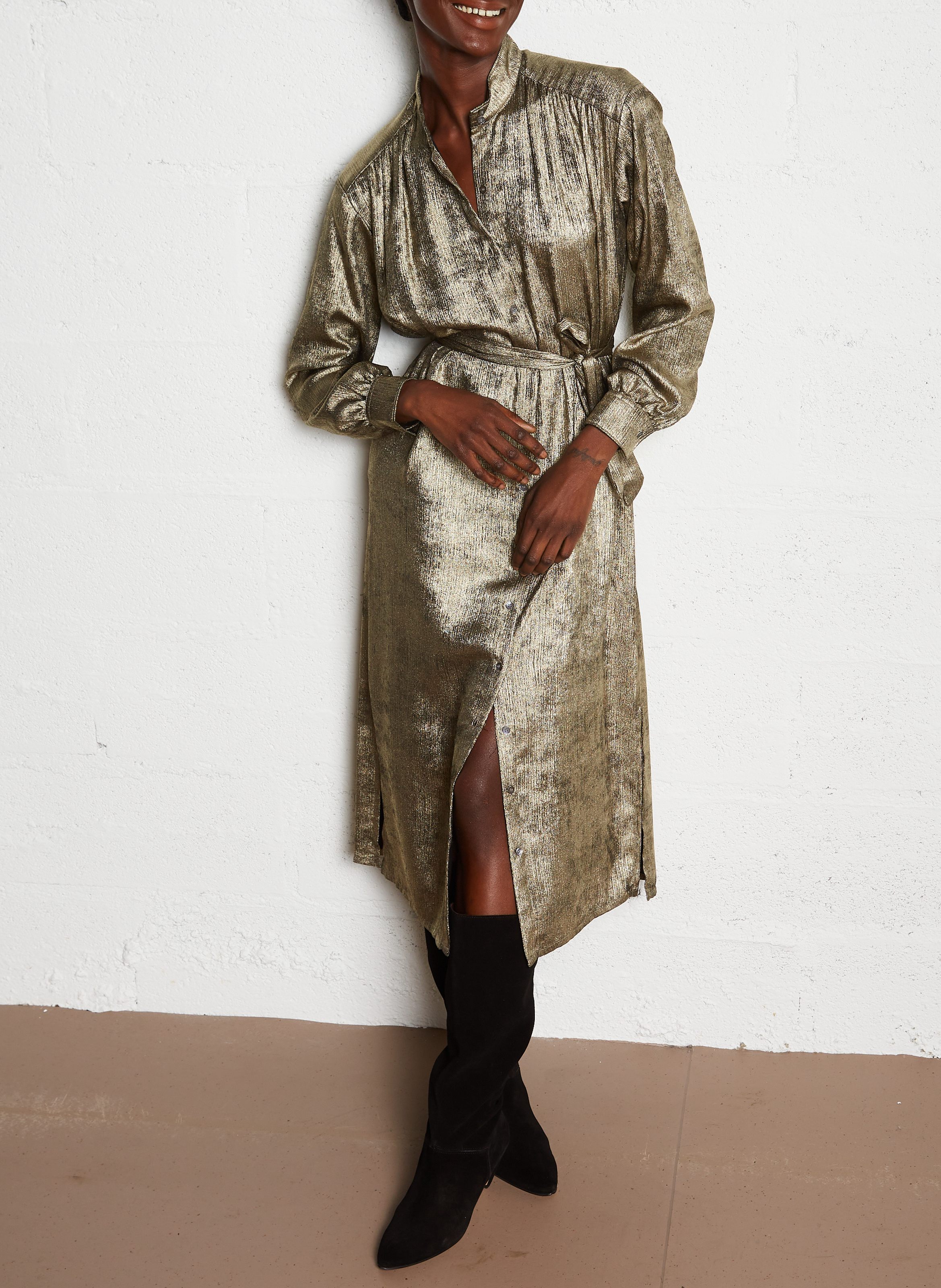 Robe longue col montant métallisée HARTFORD Doré