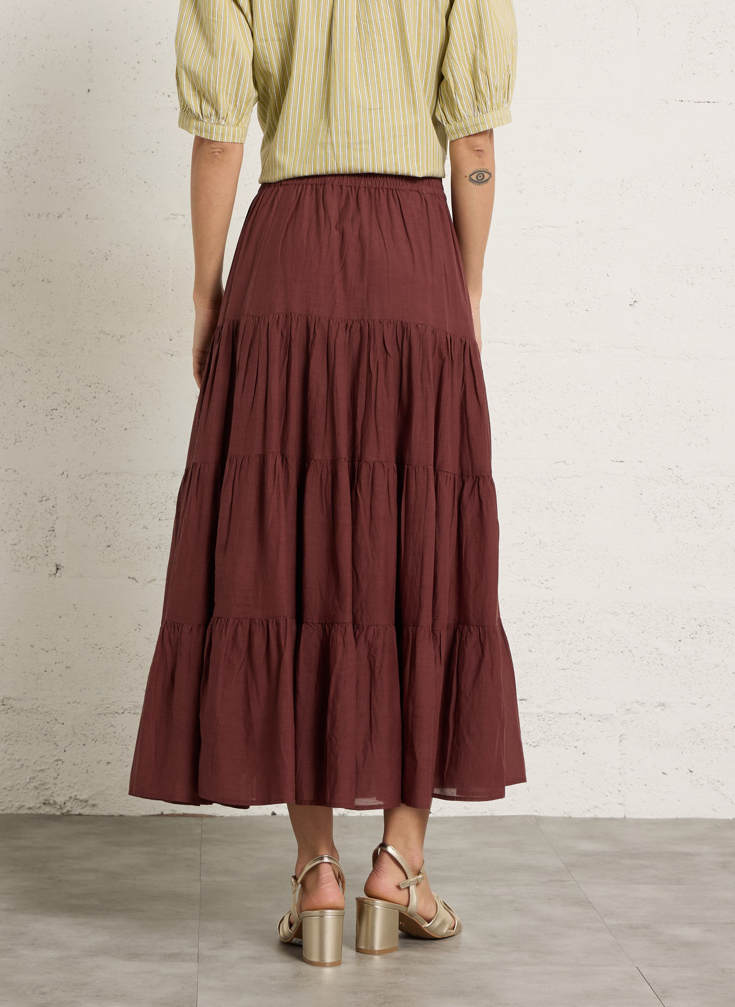 Jupe longue évasée à fronces en coton PETITE MENDIGOTE Marron