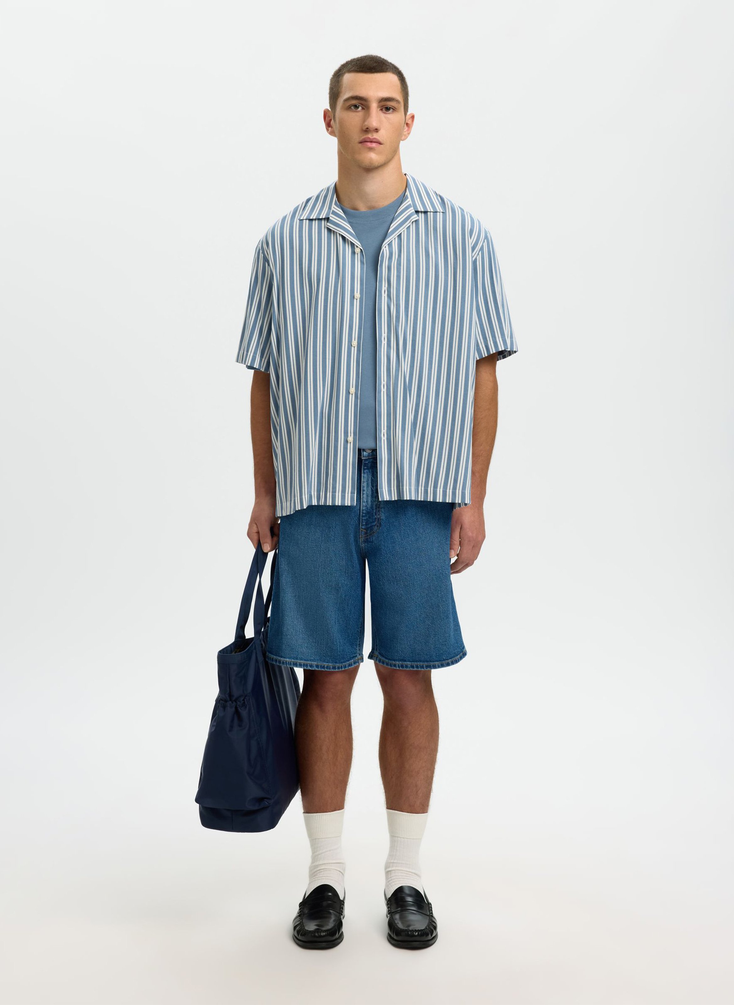 Gerade geschnittene Bluse mit klassischem Kragen Bio-Baumwoll-Mix SELECTED Blau