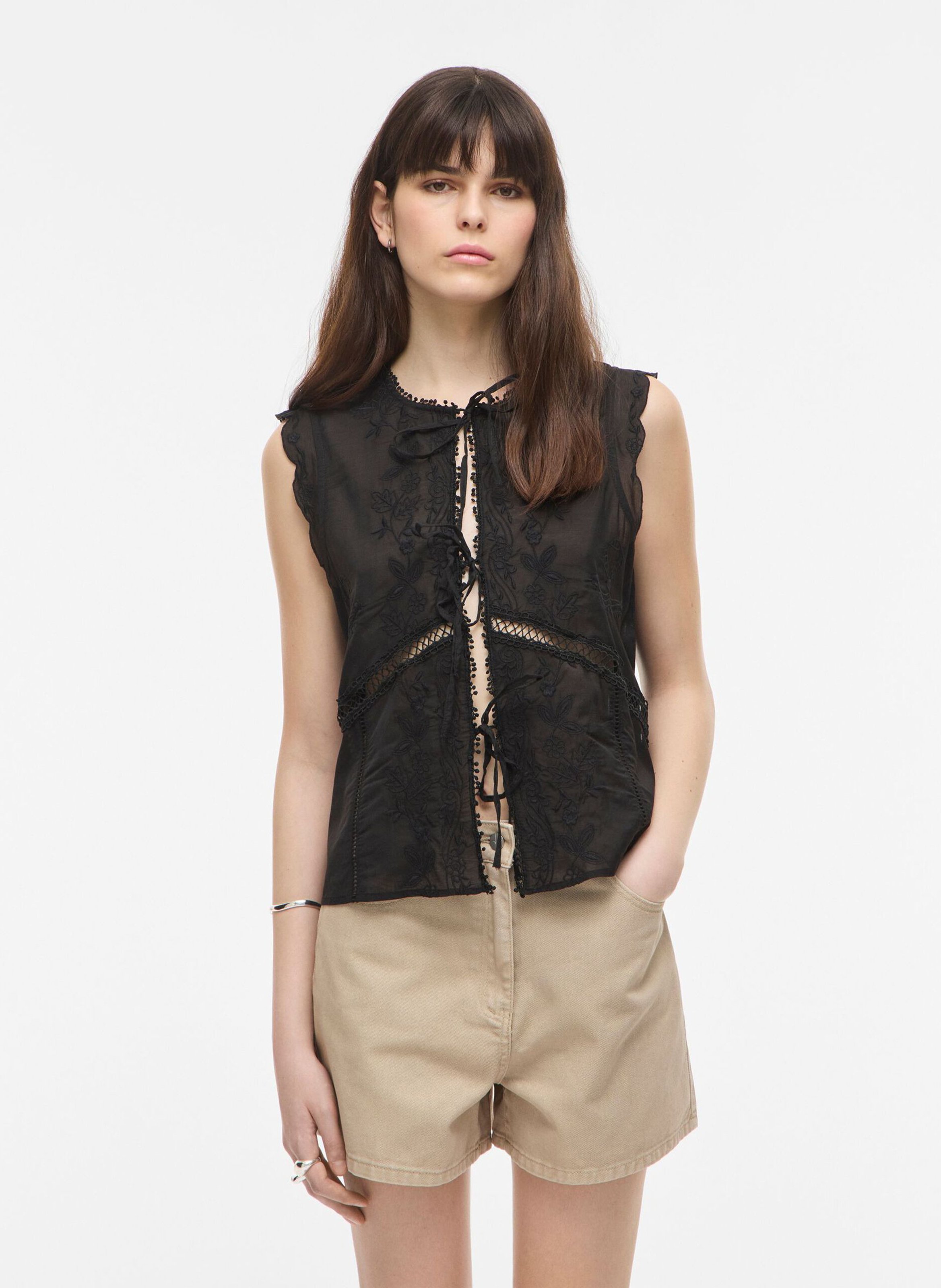 Top brodé droit en coton mélangé ROUGE EDIT Gris