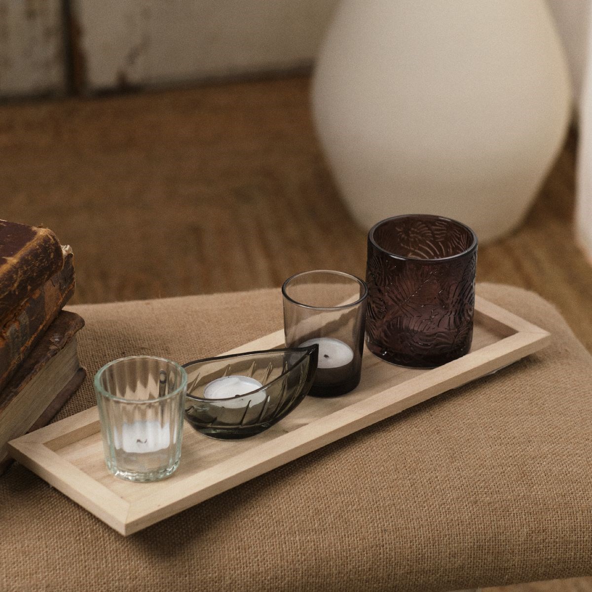 Rectangular wooden candle holder plateau FACTORY Beige