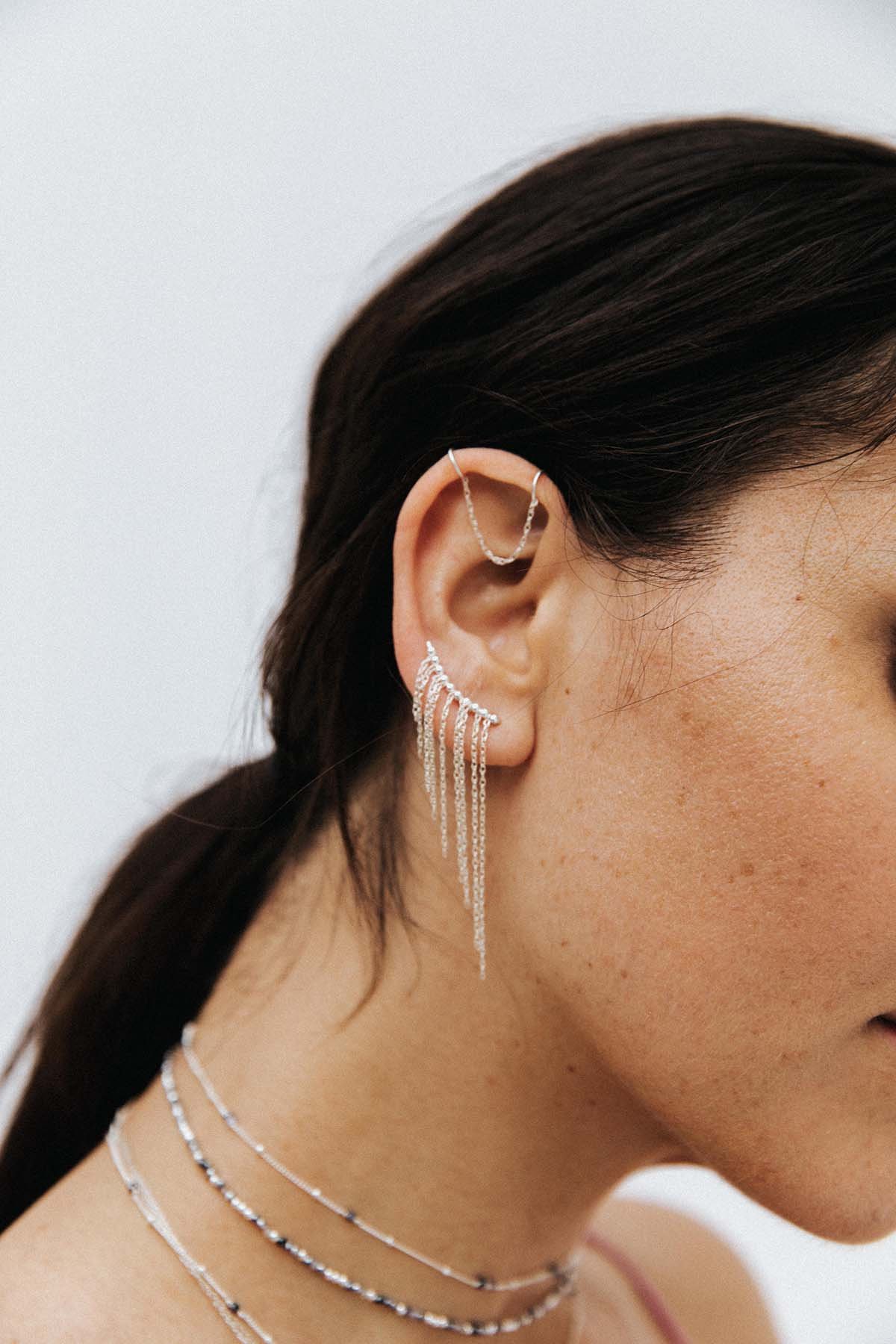 Large silver fringe ear climber YAY Silver