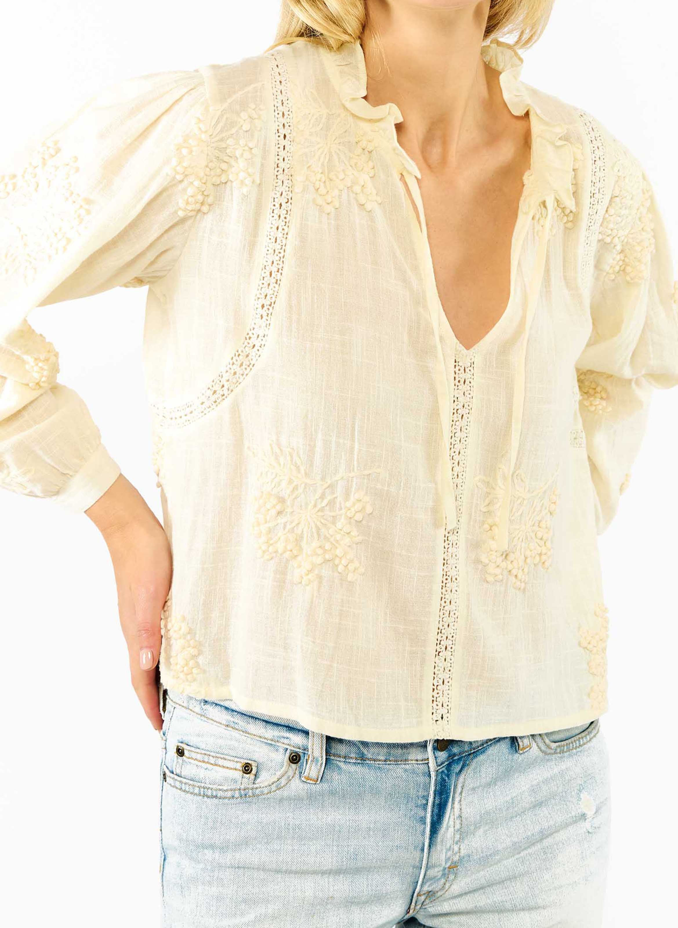 Embroidered cotton Tunisian collar top WILD White