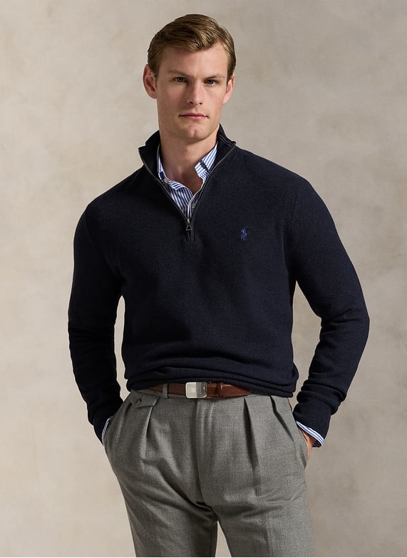 Cotton piqué high-Neck zipped sweater Blue Polo ralph lauren - Men Cotton piqué high-Neck zipped sweater Blue Polo ralph lauren - Men