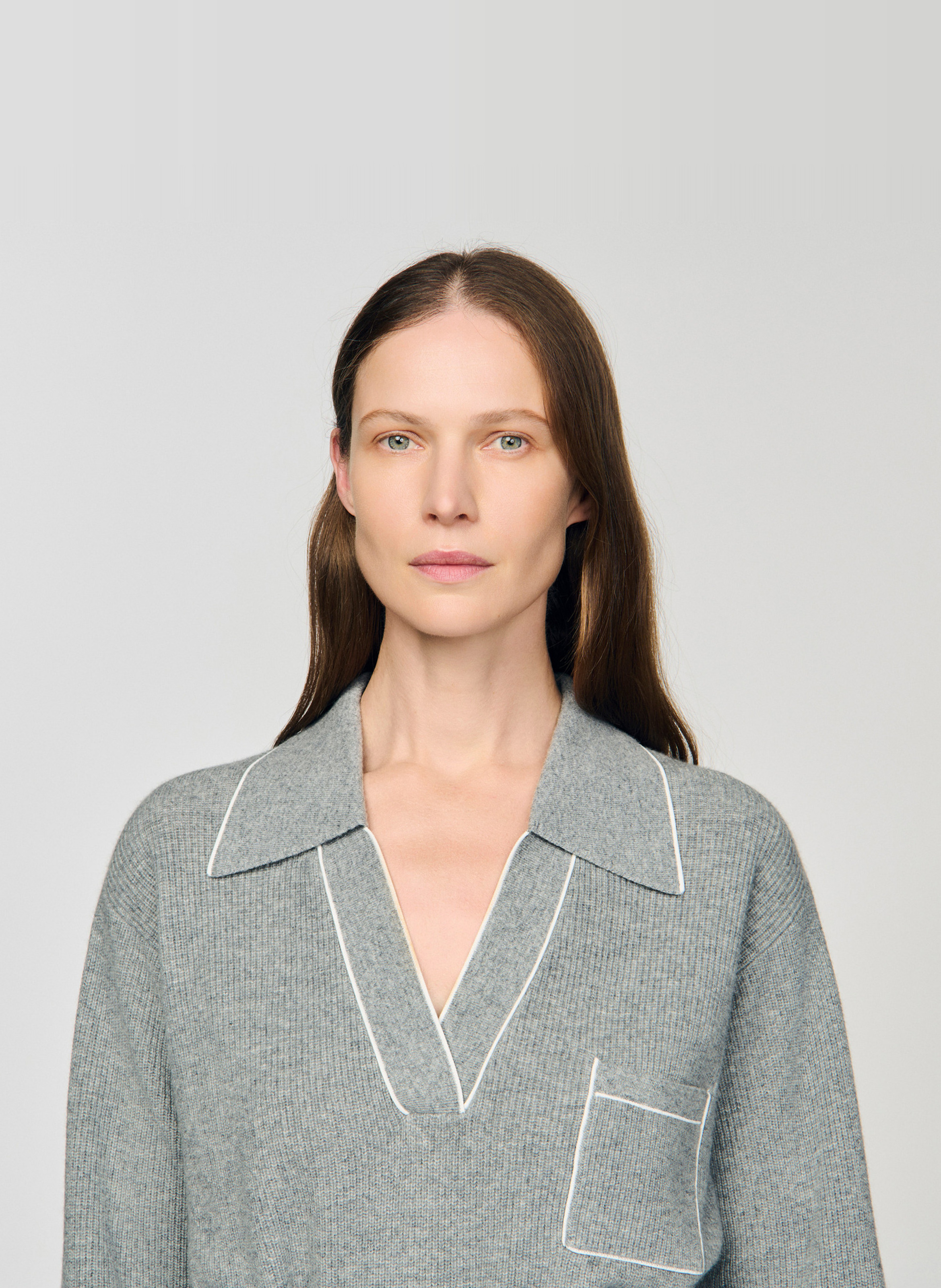 Pull col polo en laine et en cachemire mélangés SANDRO Gris