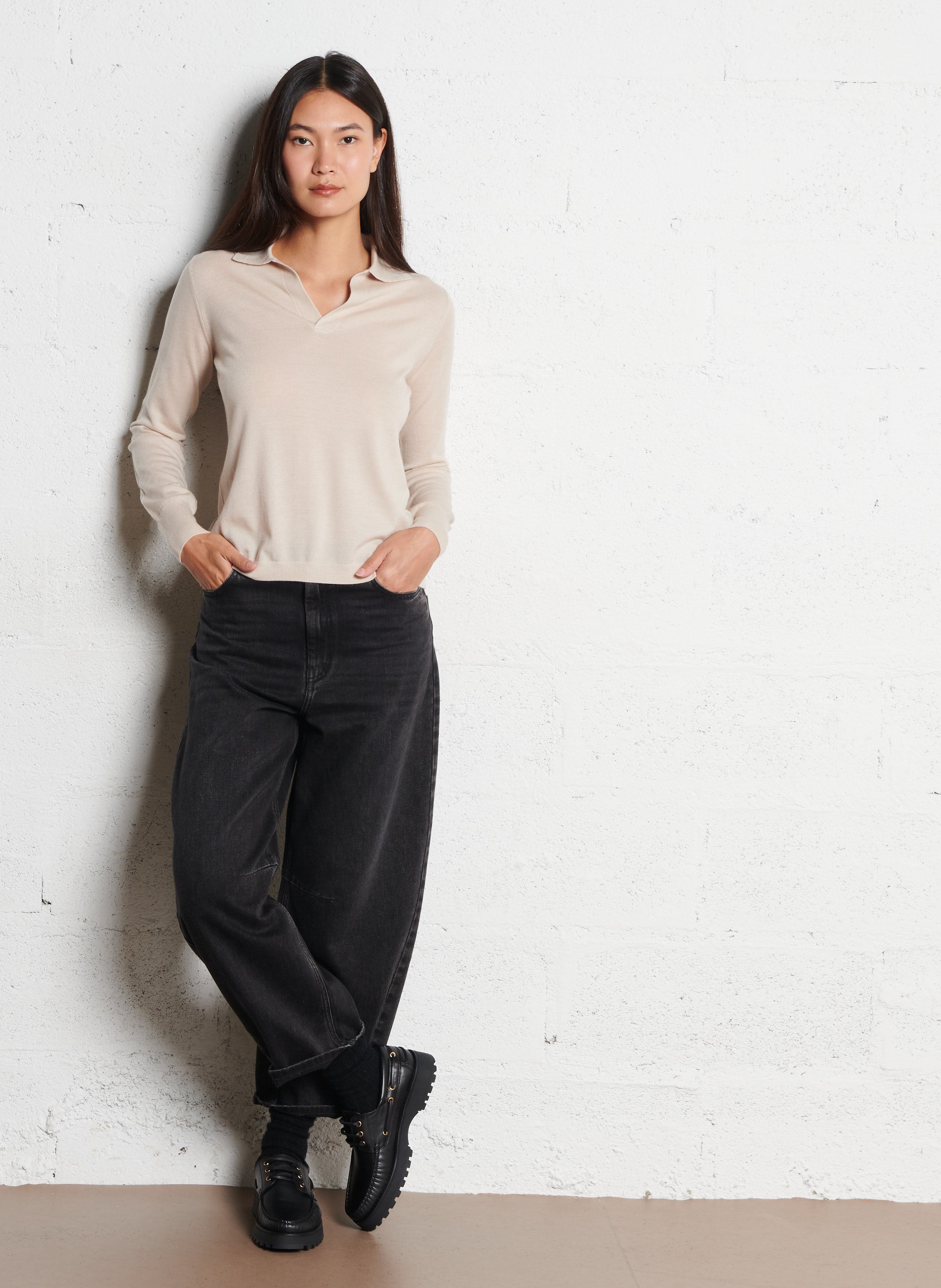 Pull fin col V uni en laine et cachemire MAX MARA WEEK END Beige