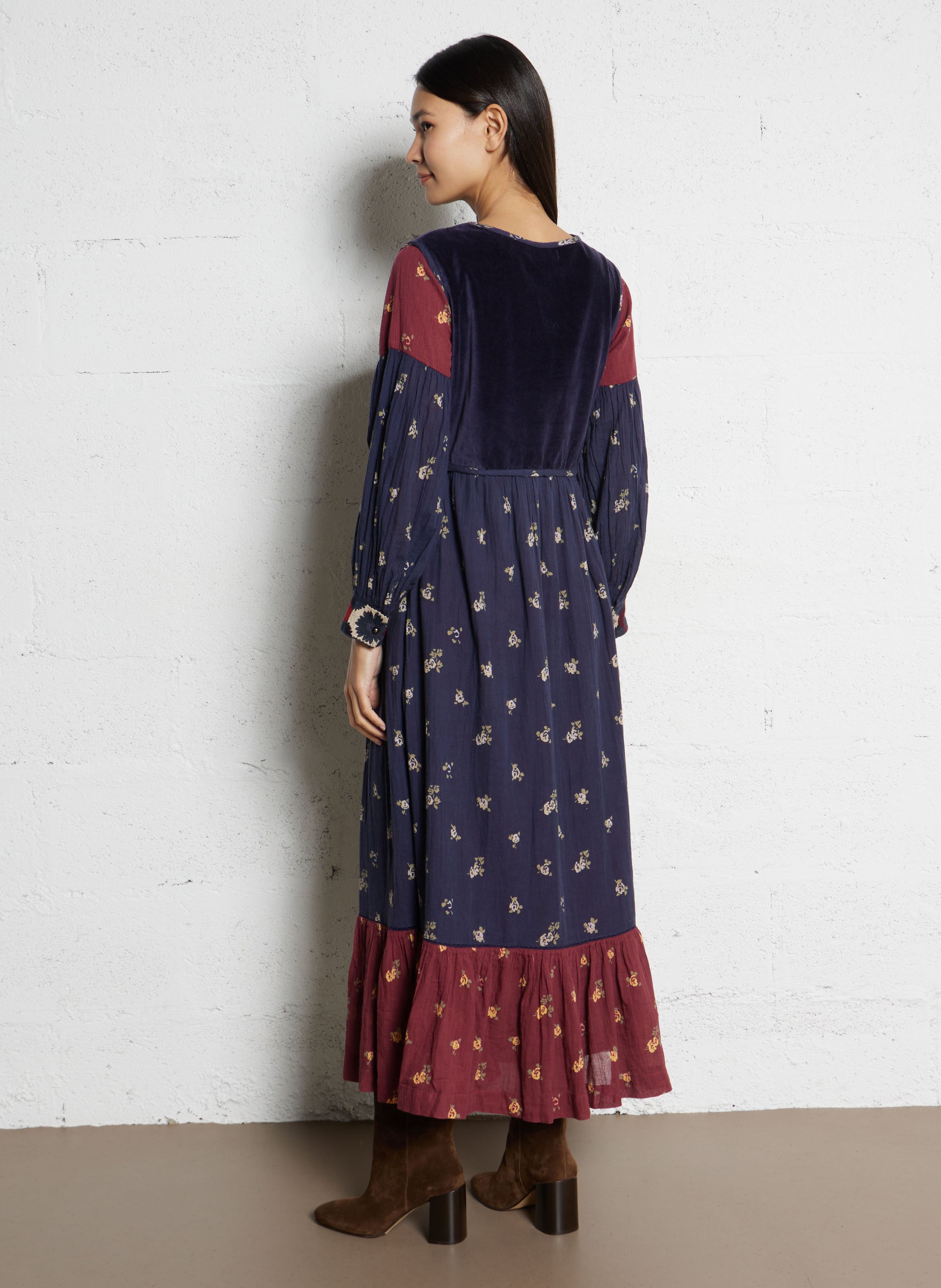Printed long cotton dress with Tunisian collar MAISON HOTEL Blue