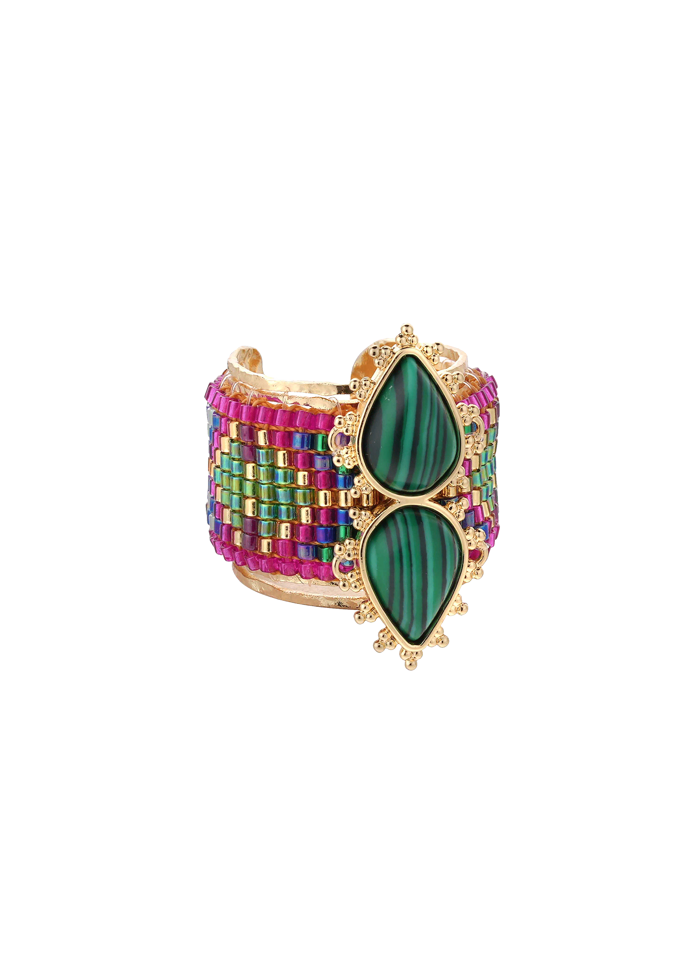 Adjustable ring with central cabochon and woven beads HIPANEMA Green
