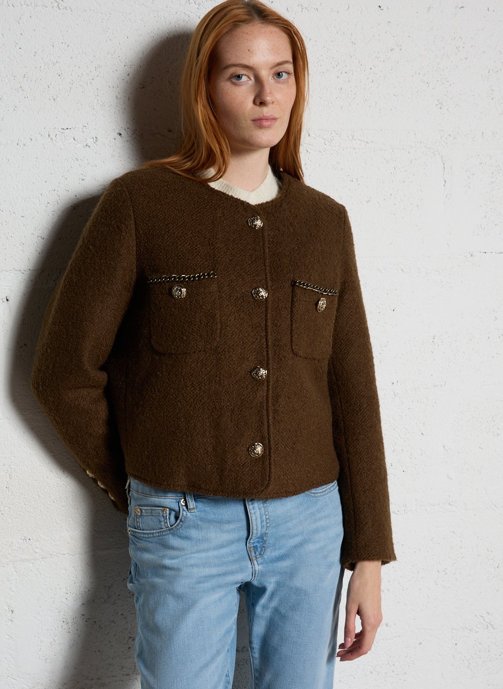 Veste en laine mélangée col rond  BERENICE Kaki