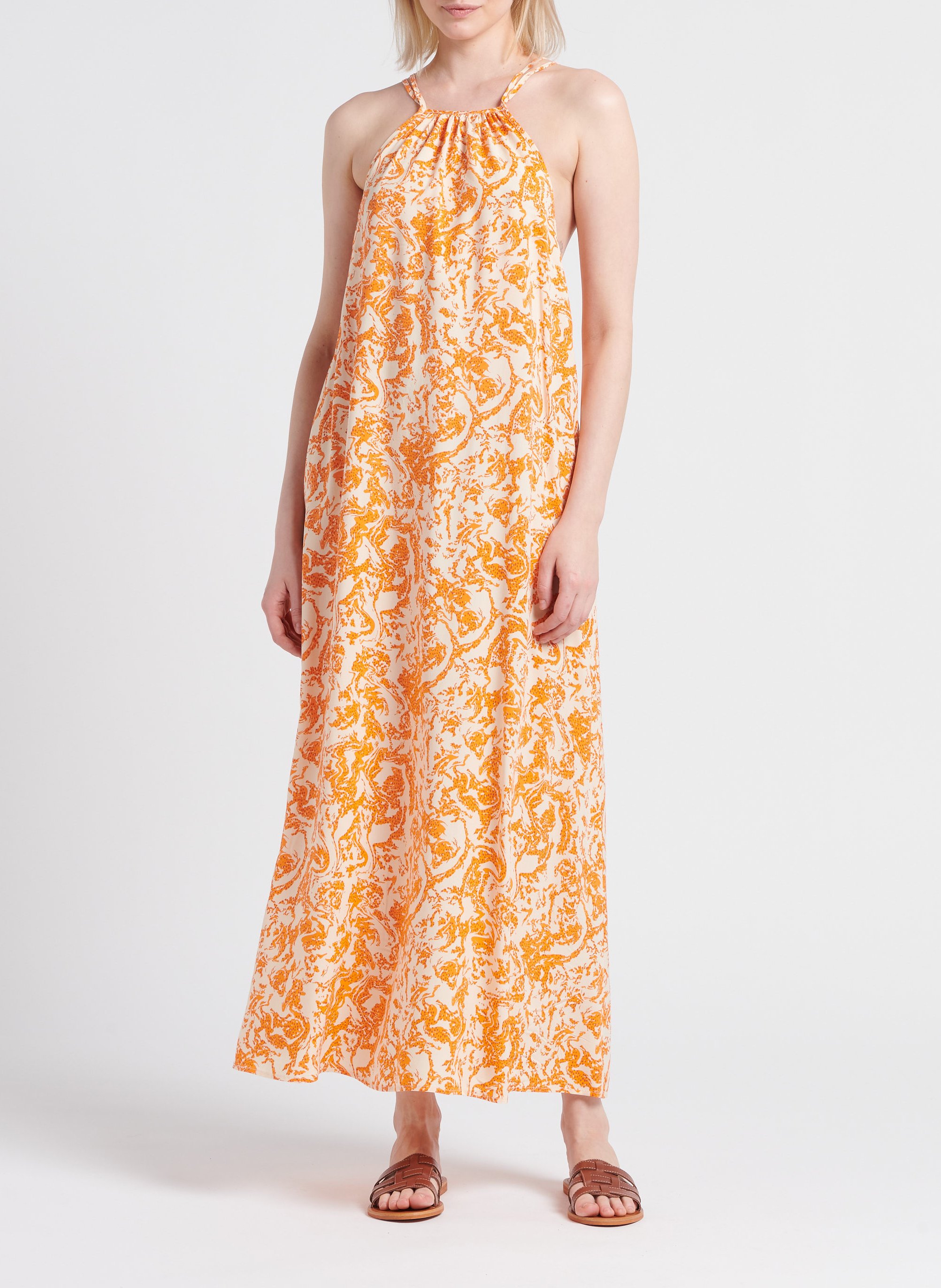 Lange jurk met vierkante hals en print OBJECT Oranje