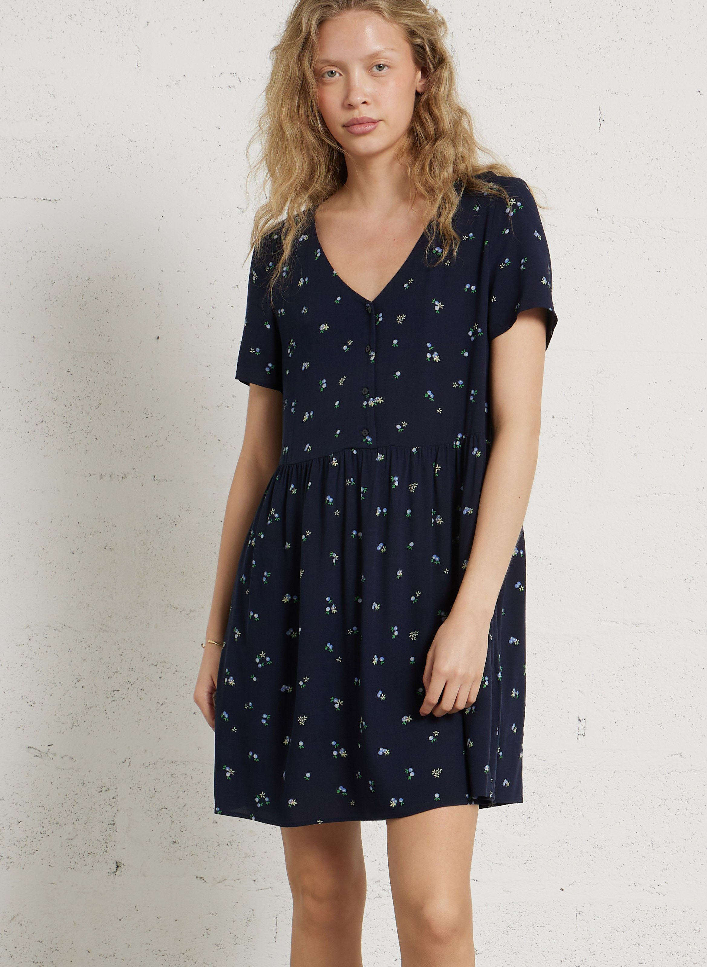 Robe courte col à imprimé fleuri DES PETITS HAUTS Noir