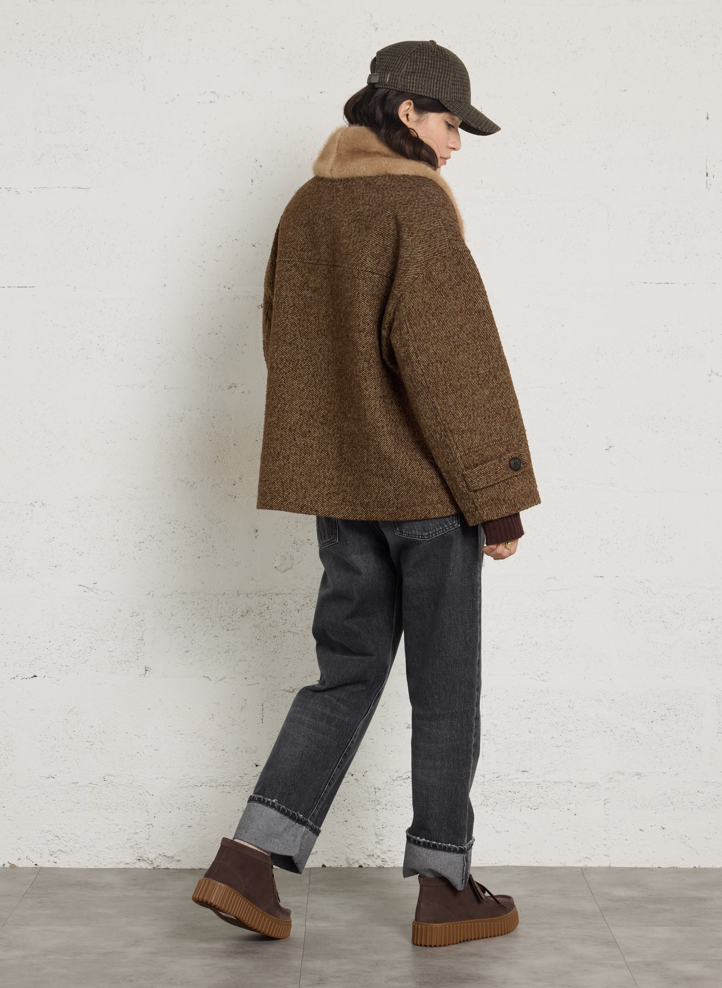 Manteau droit à col effet fourrure en laine mélangée SEE U SOON Kaki