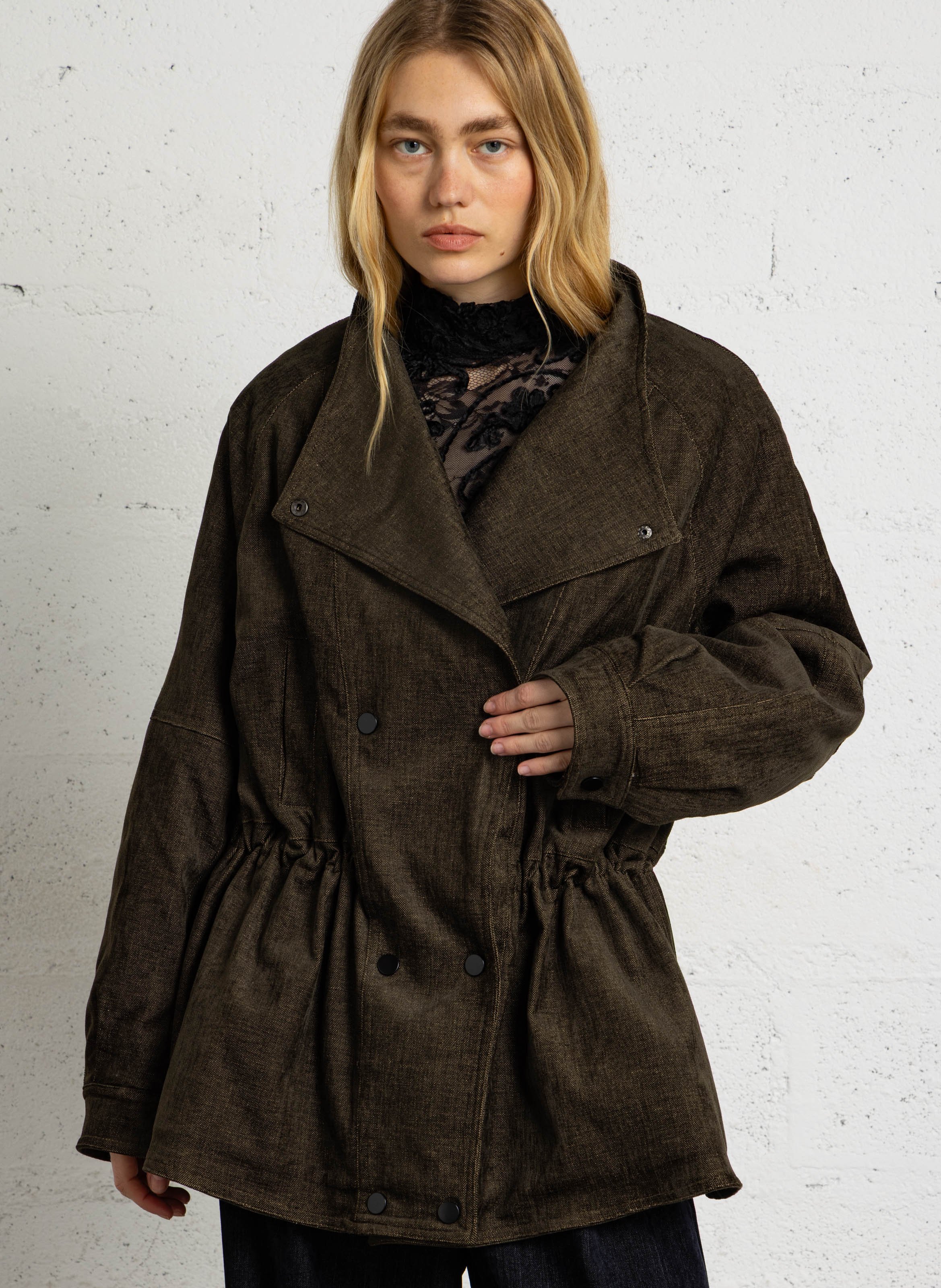 Weiter, einfarbiger Blouson mit Knöpfen SEE U SOON Khaki