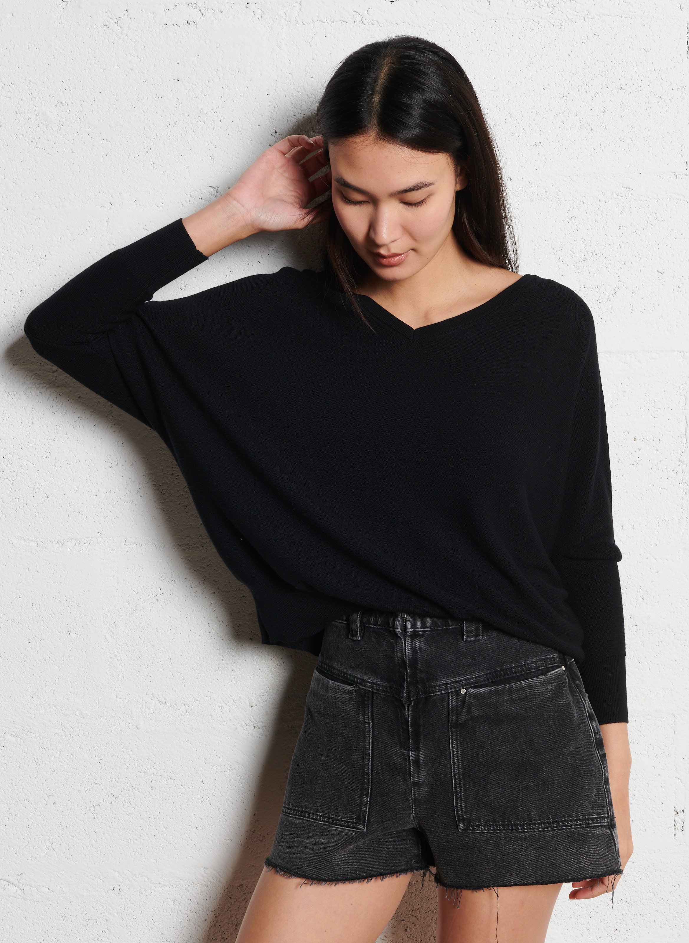 Pull col V en maille mélangée BA&SH Noir