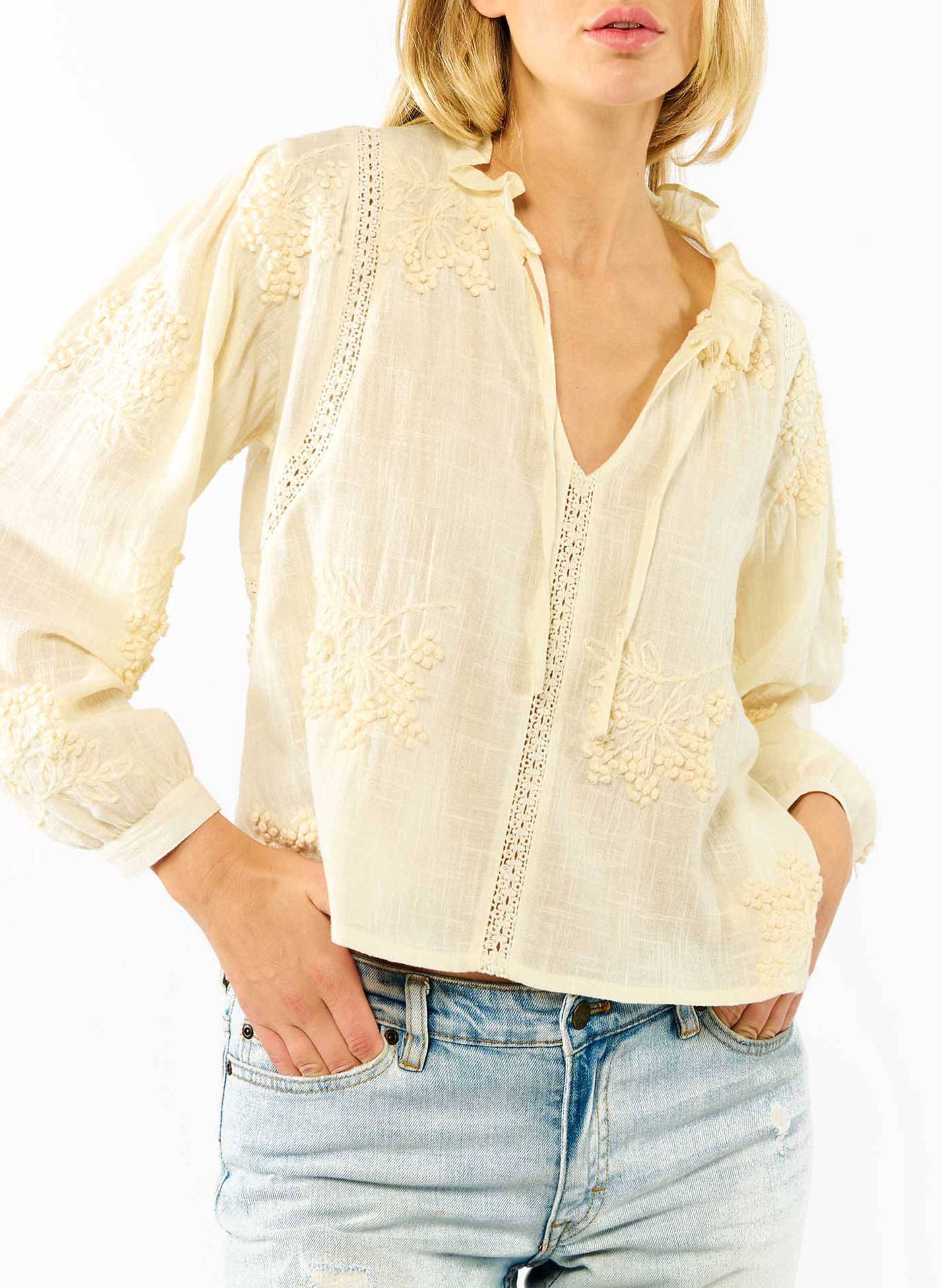 Embroidered cotton Tunisian collar top WILD White