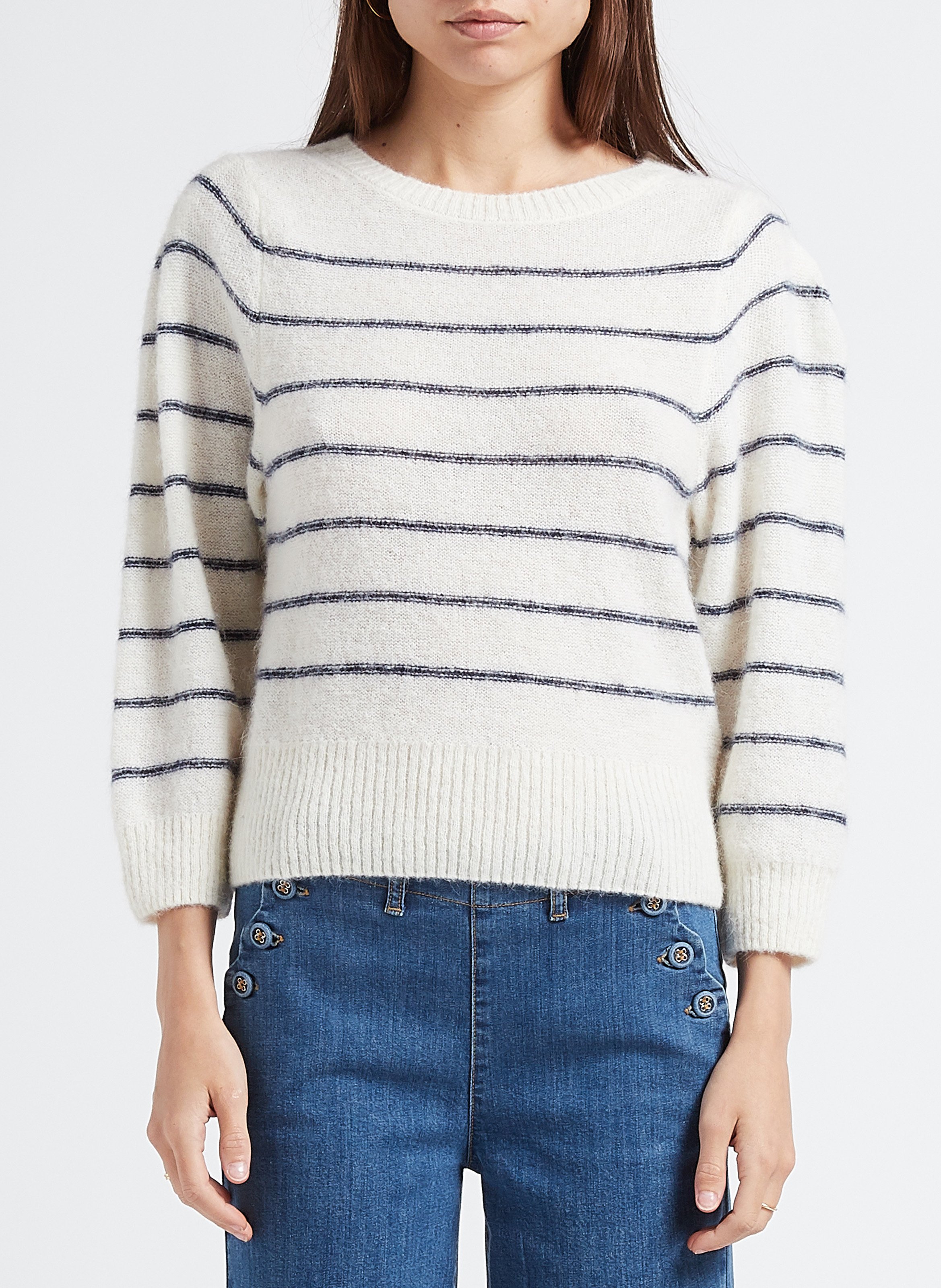 Pull col rond rayé en alpaga mélangé  EMILE ET IDA Blanc