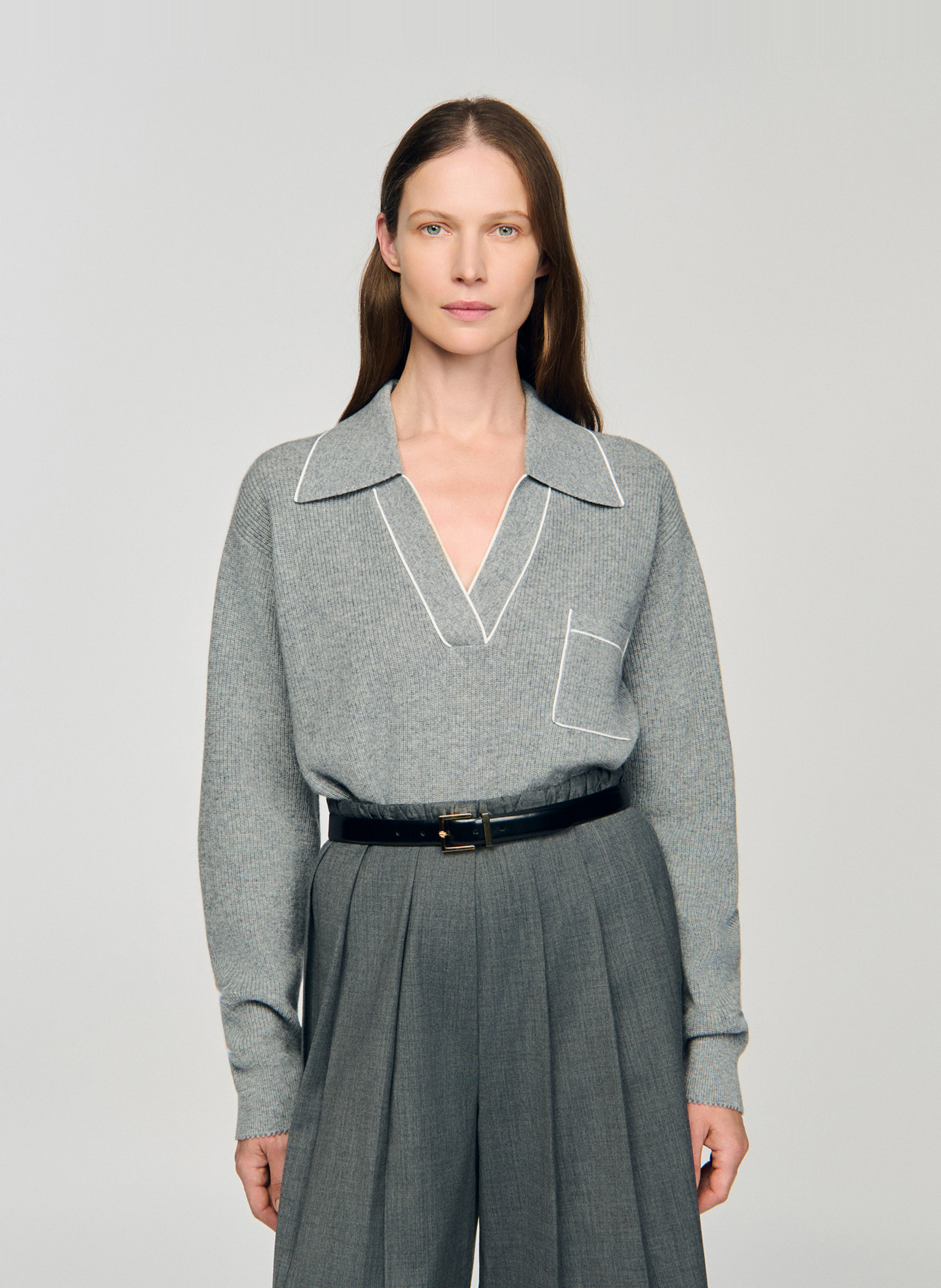 Pull col polo en laine et en cachemire mélangés SANDRO Gris