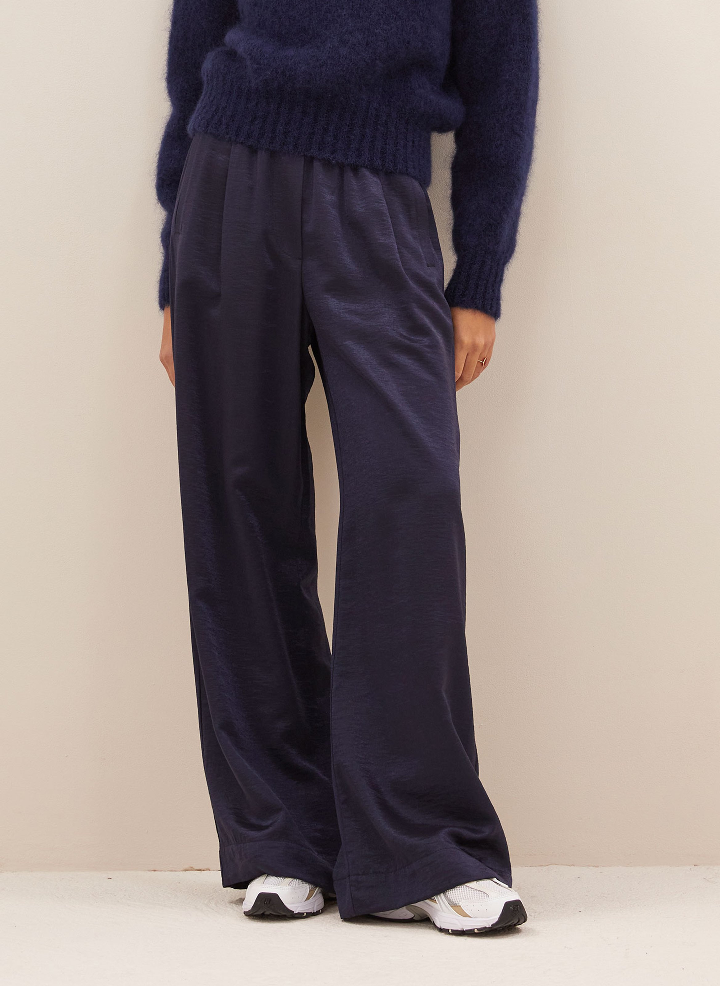 Pantalon large taille haute satiné BY BAR Bleu